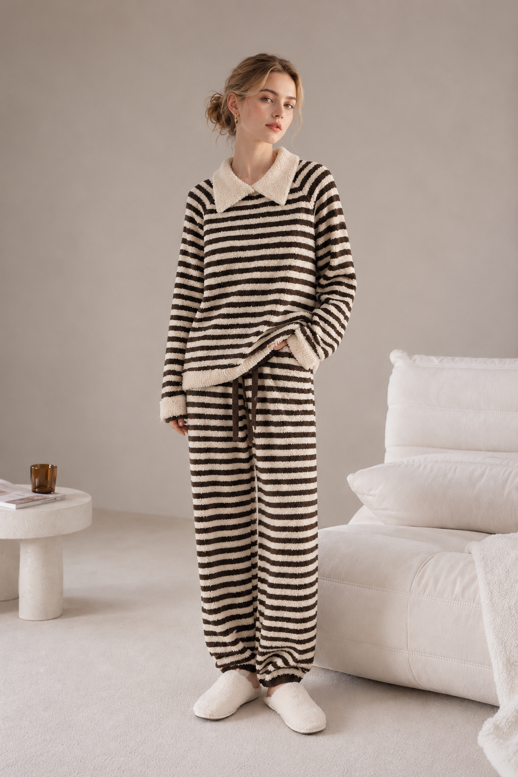 Dark brown and cream striped plush fleece pajama set with a long-sleeve pullover, cream turn-down collar and matching drawstring pants.