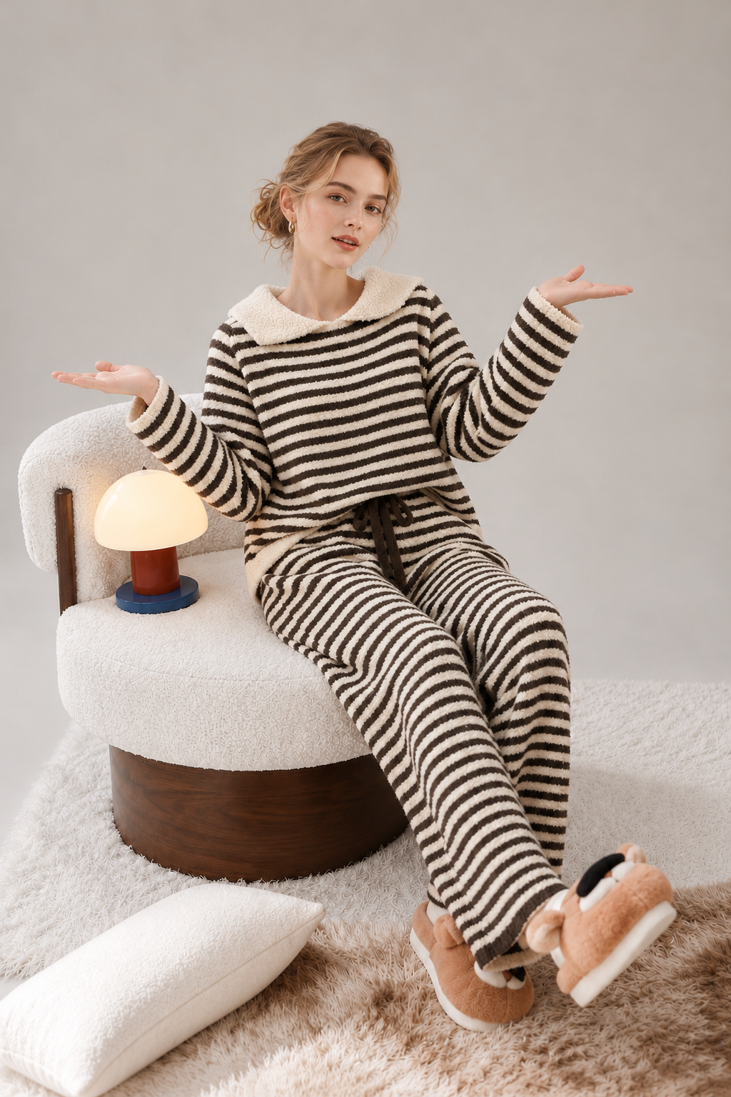 Dark brown and cream striped plush fleece pajama set with a cream-collared pullover, ribbed sleeve cuffs and matching full-length drawstring pants.