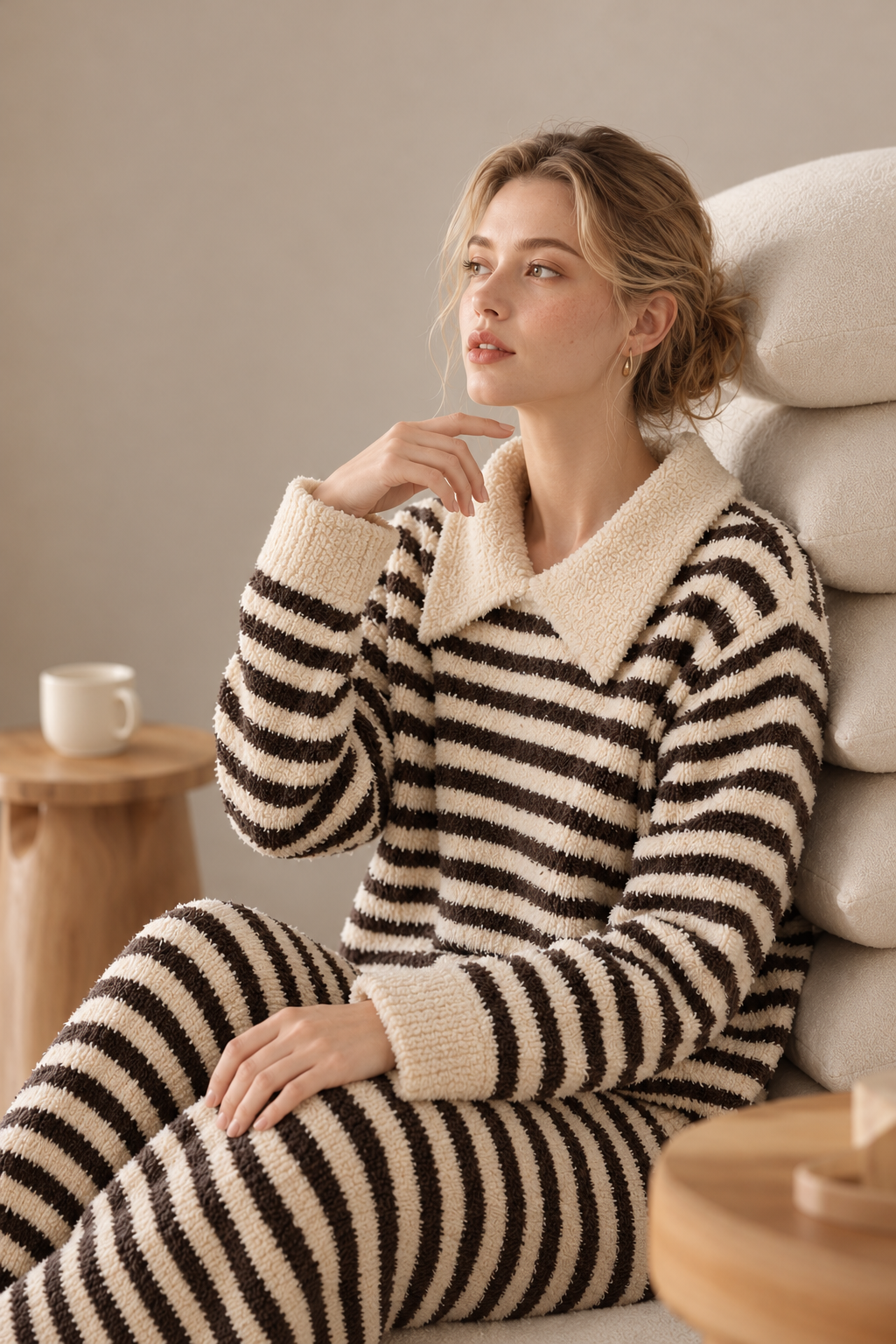 Dark brown and cream striped plush fleece pajama top with a cream turn-down collar, long sleeves and ribbed cuffs.