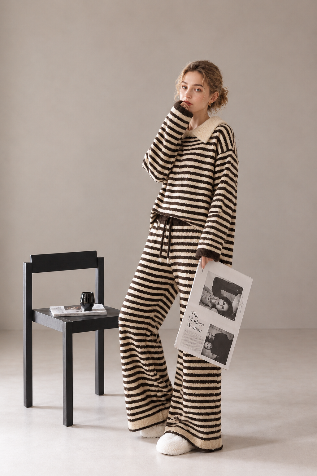 Dark brown and cream striped plush fleece pajama set with a cream collar, drop-shoulder pullover and matching brown-drawstring pants.