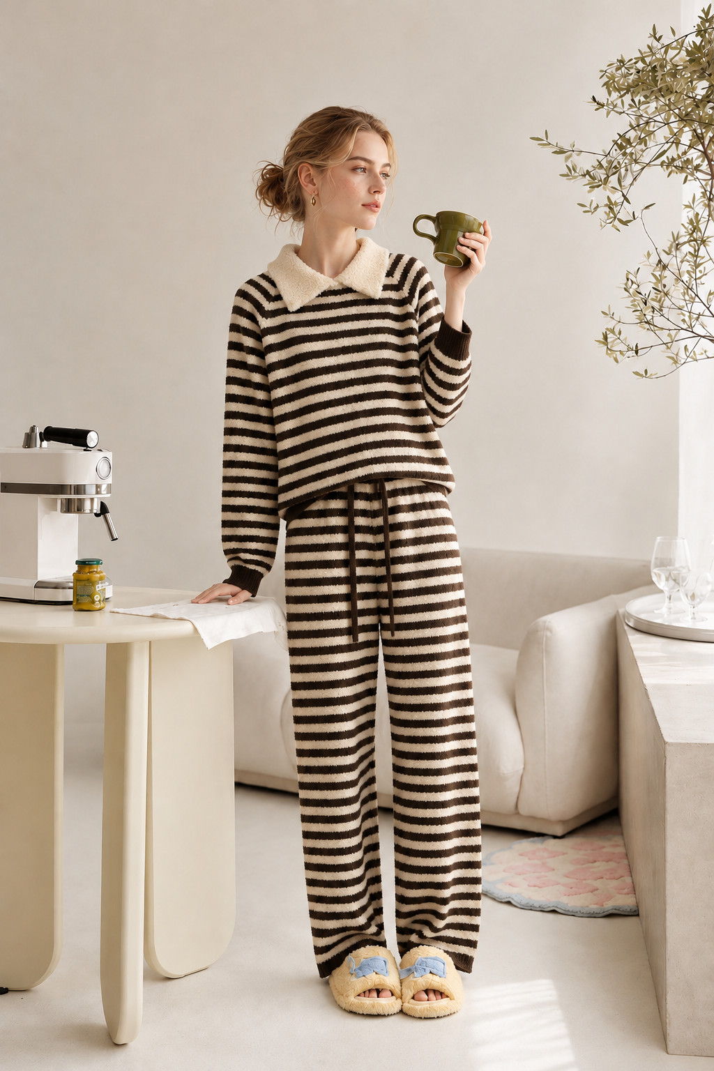 Dark brown and cream striped plush fleece pajama set with a cream-collared pullover, brown ribbed cuffs and matching full-length drawstring pants.