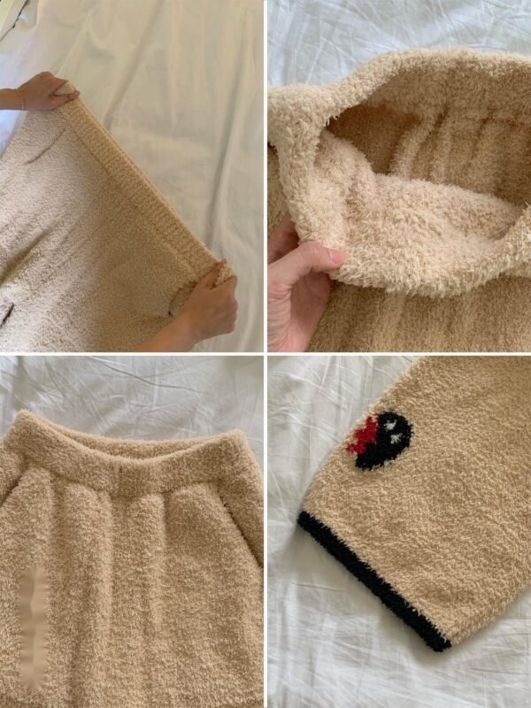 Cream beige half-velvet pajama set detail collage showing short dense matte pile, elastic waist and black ribbed cuffs