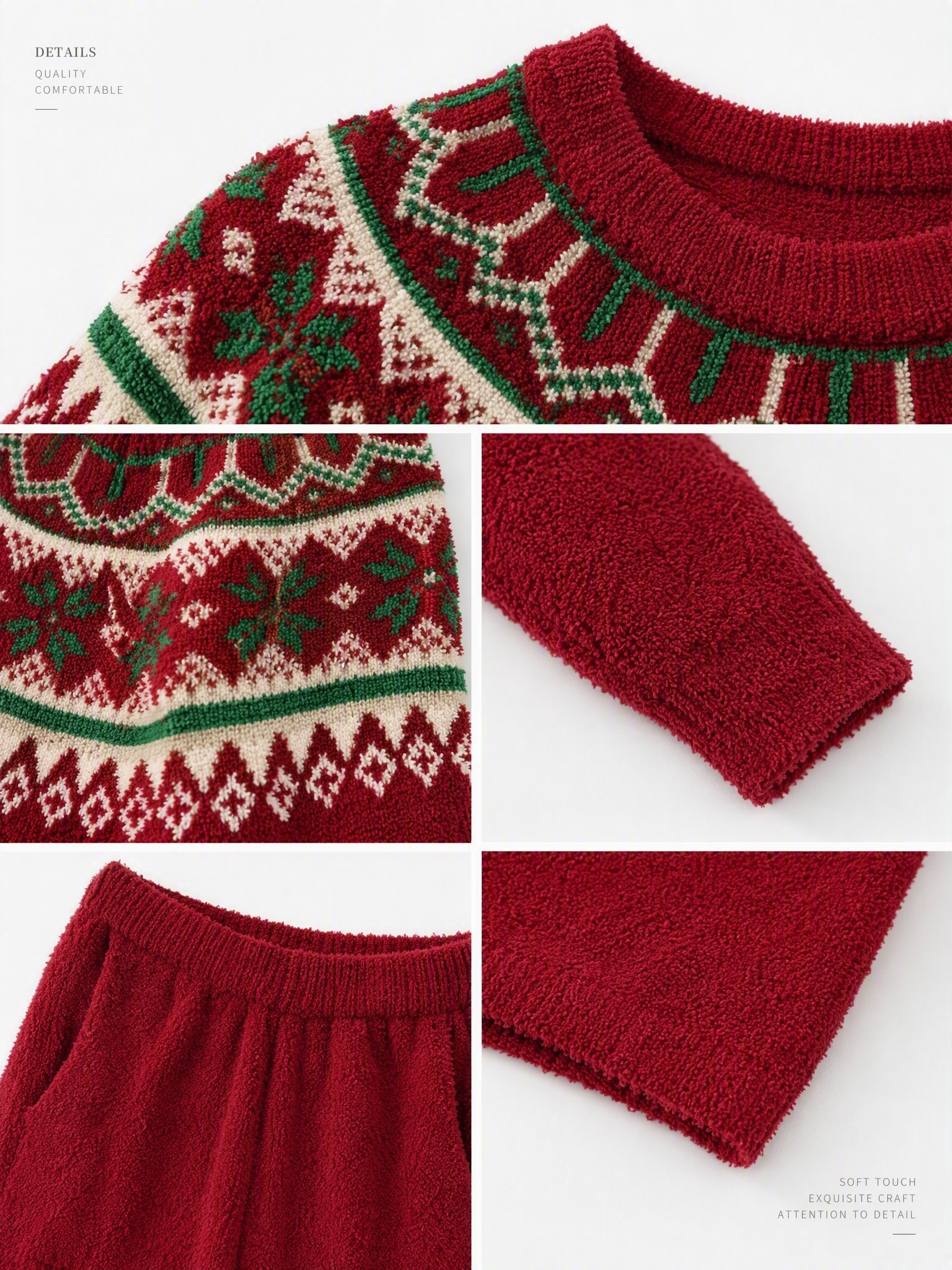 Cream Fair Isle Yoke Crew Neck Half Fleece Pajama Set Women's Vintage Winter Loungewear - 이미지 23