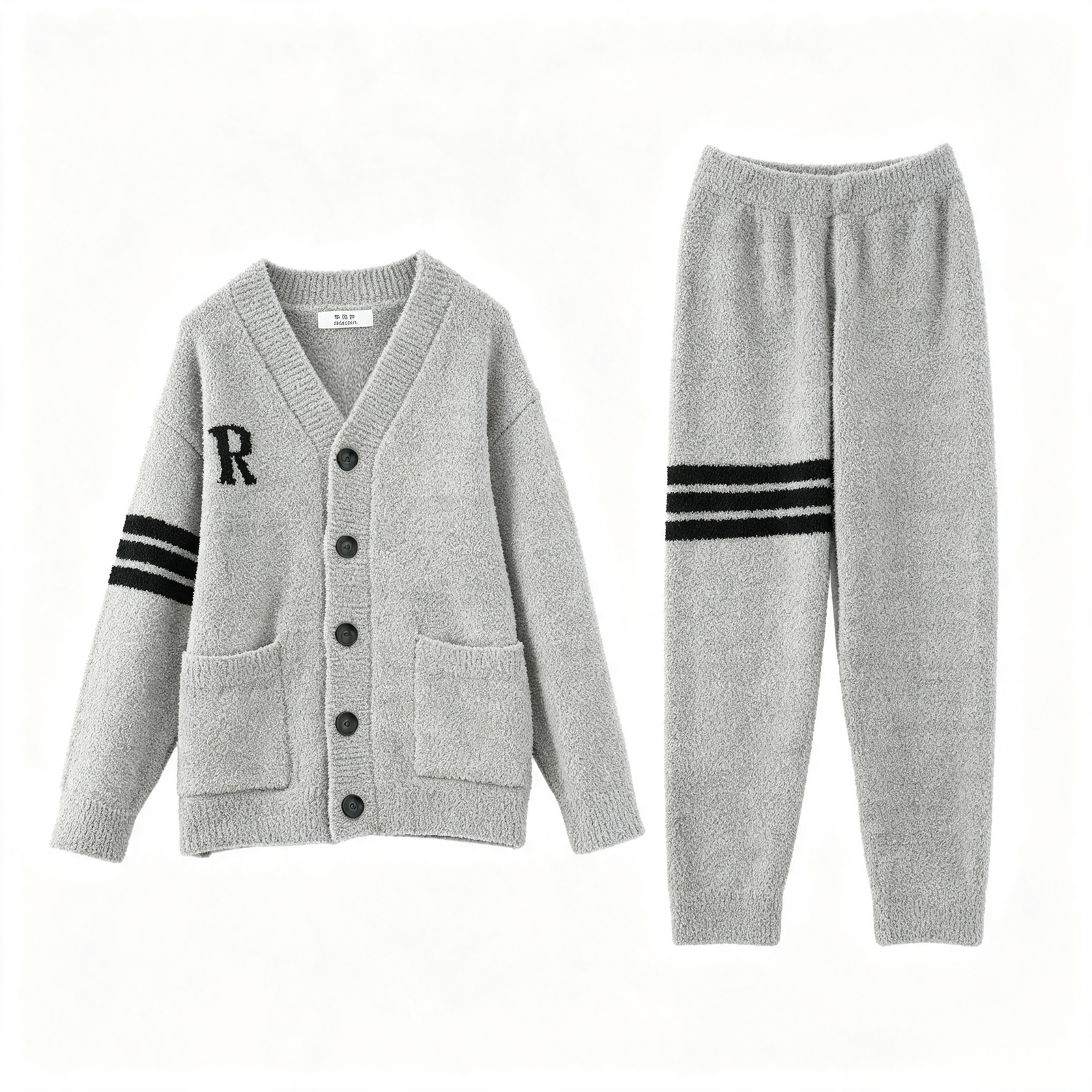 R Letter Varsity Stripe V-Neck Half Fleece Pajama Set Women's Heather Grey Warm Winter Loungewear - Image 2