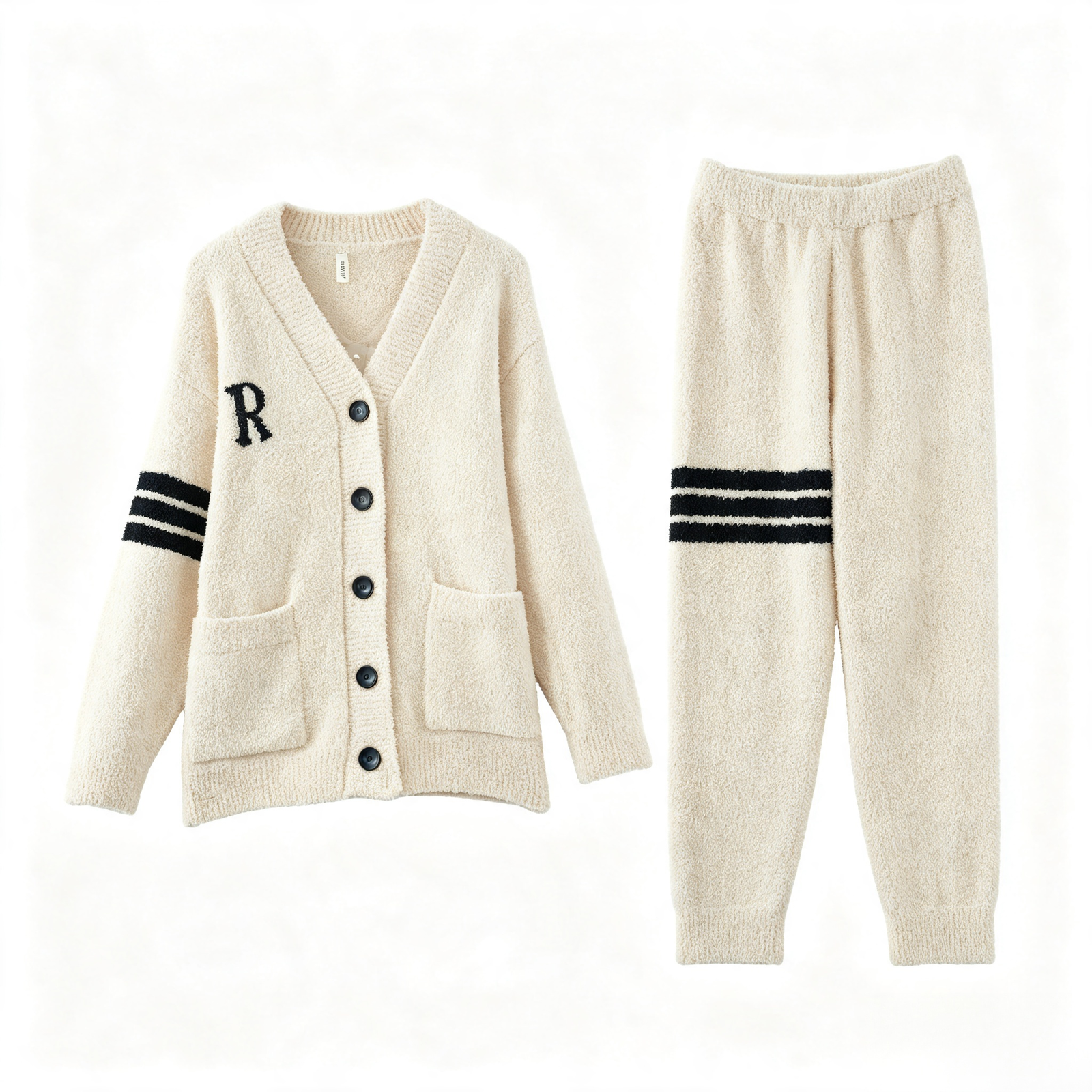 R Letter Varsity Stripe V-Neck Half Fleece Pajama Set Women's Heather Grey Warm Winter Loungewear - Image 10