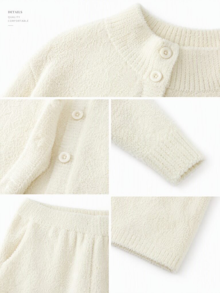 Cream half-velvet pajama details: pile texture, ribbed collar, pearl buttons and cuffs