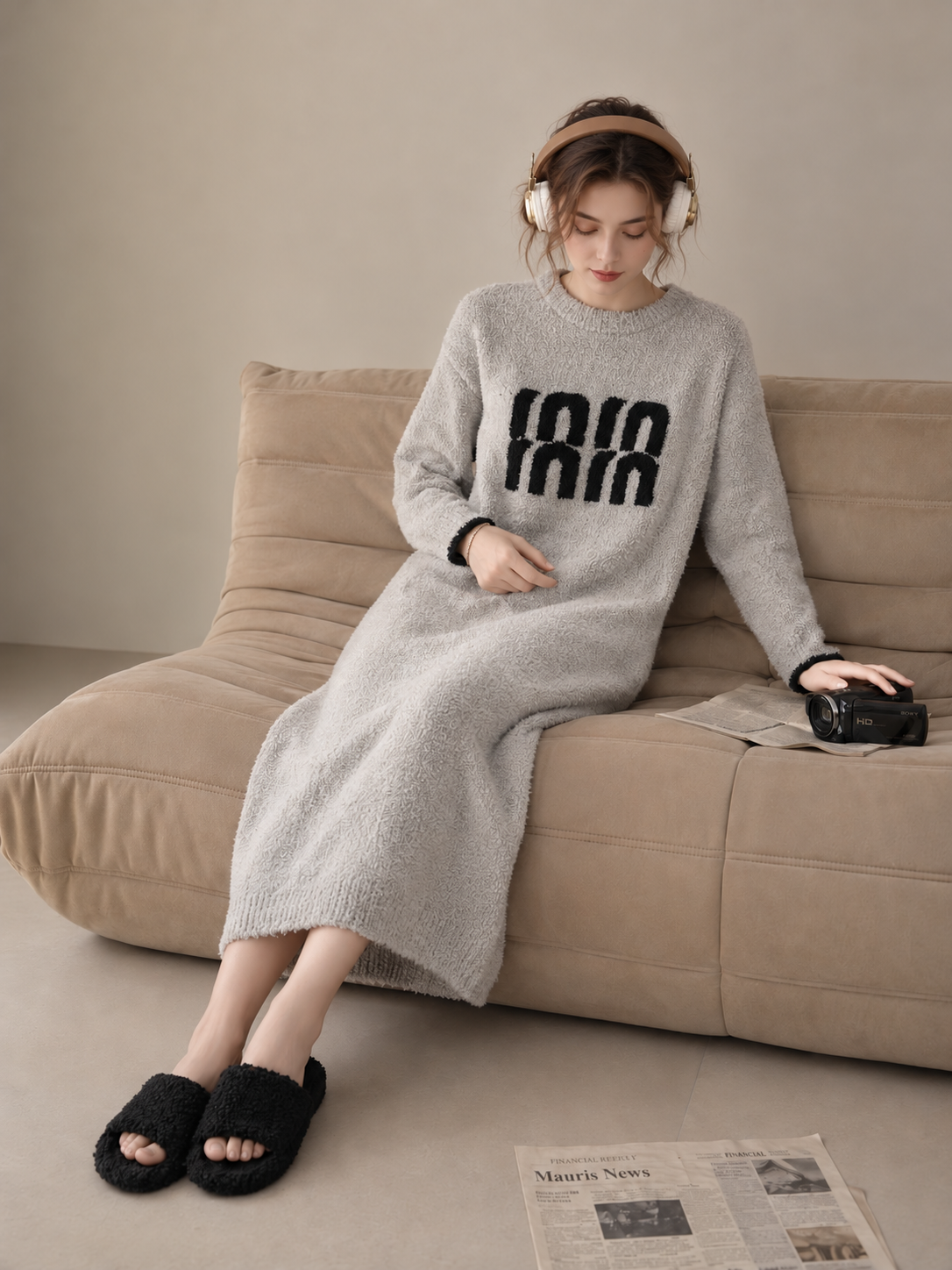 3D Letter Embroidery Crew Neck Half Fleece Nightgown Women's Beige Contrast Cuff Warm Winter Sleep Dress - Image 12