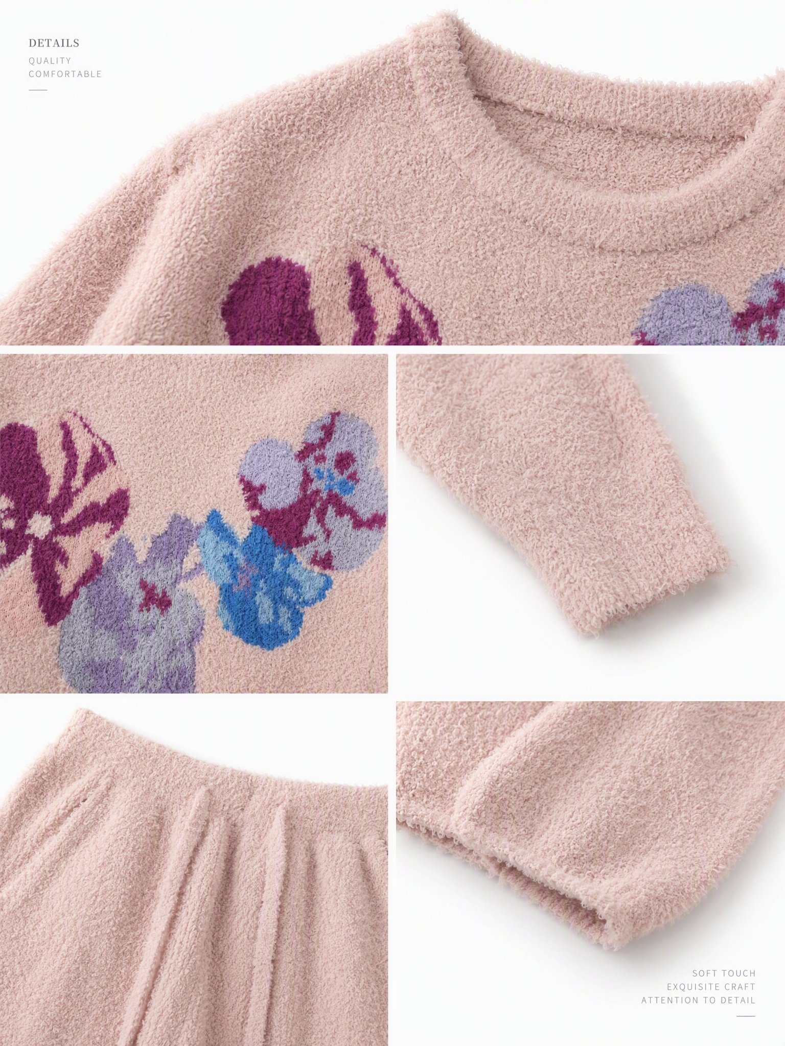 Cream Colorful Floral Print Crew Neck Half Fleece Pajama Set Women's Warm Winter Loungewear - Image 17