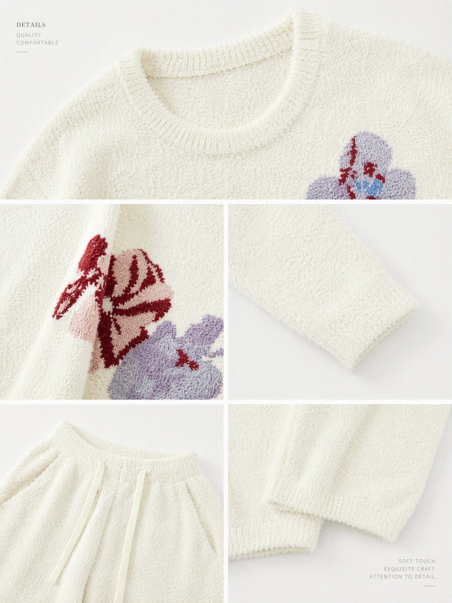 Cream Colorful Floral Print Crew Neck Half Fleece Pajama Set Women's Warm Winter Loungewear - Image 25
