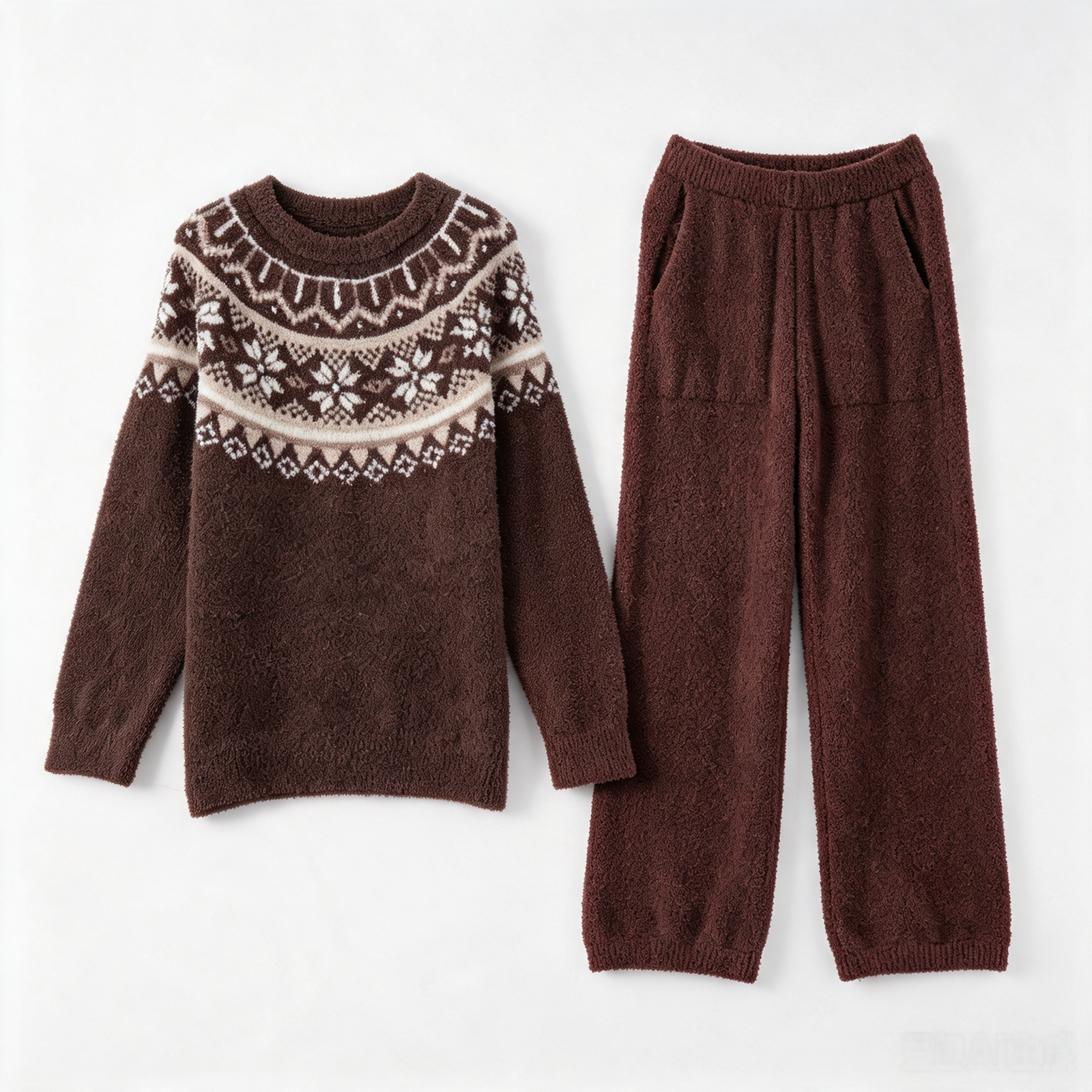 Cream Fair Isle Yoke Crew Neck Half Fleece Pajama Set Women's Vintage Winter Loungewear - 이미지 17