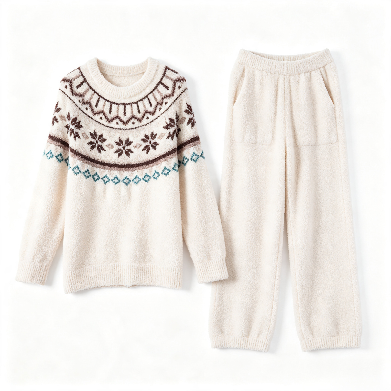 Cream Fair Isle Yoke Crew Neck Half Fleece Pajama Set Women's Vintage Winter Loungewear - 이미지 8
