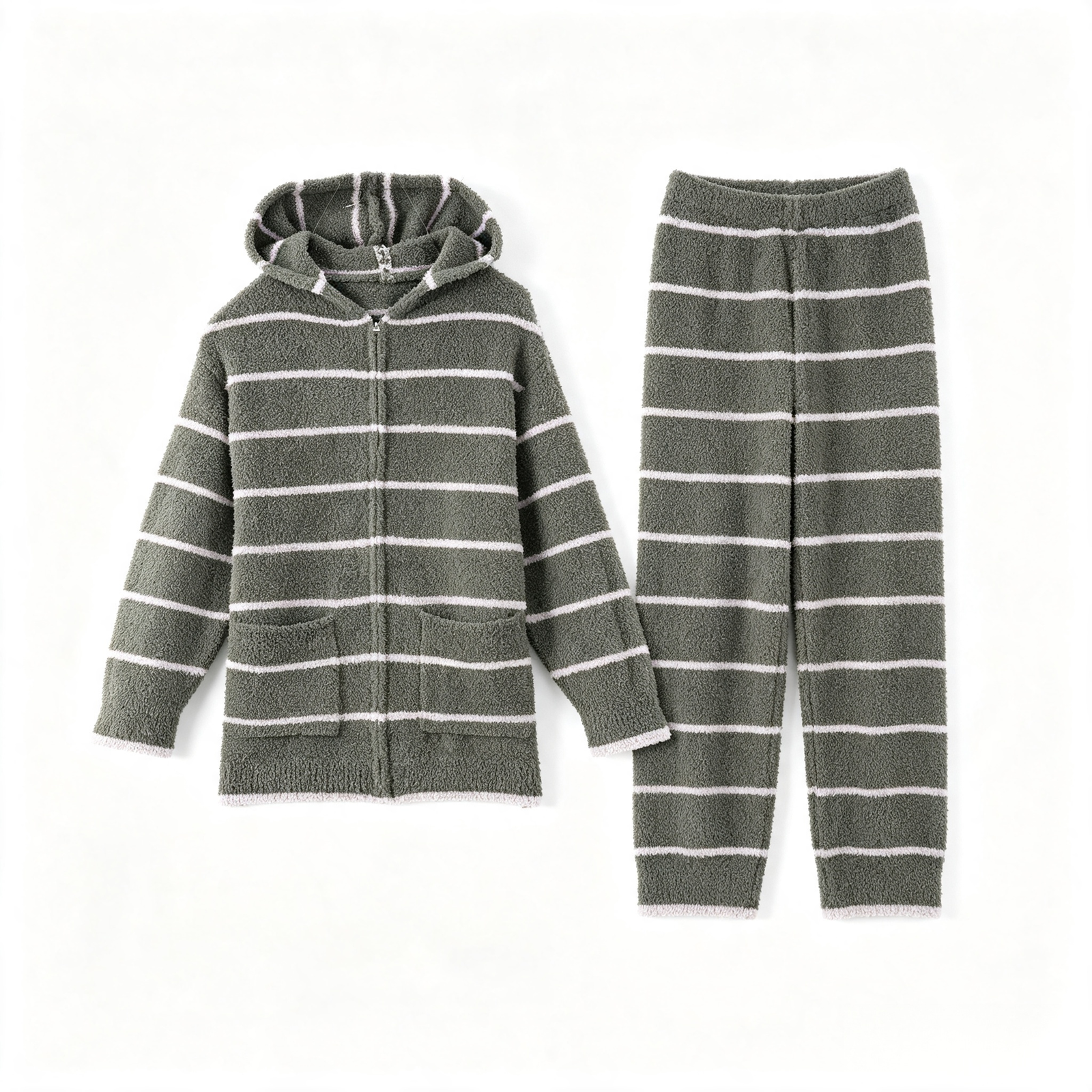 Green White Striped Zip Up Hooded Half Fleece Pajama Set Women's Warm Winter Loungewear with Pockets - Image 19
