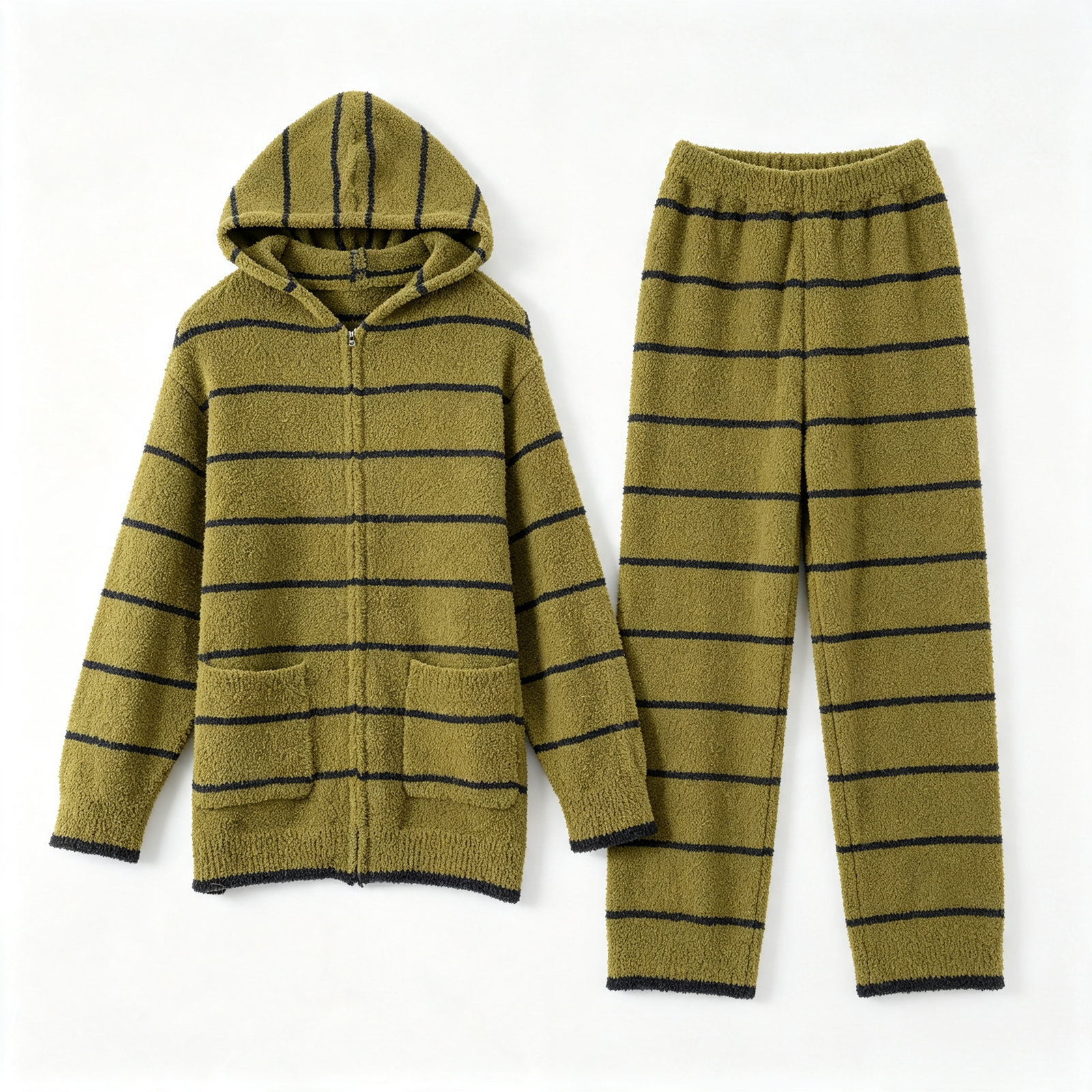 Green White Striped Zip Up Hooded Half Fleece Pajama Set Women's Warm Winter Loungewear with Pockets - Image 10
