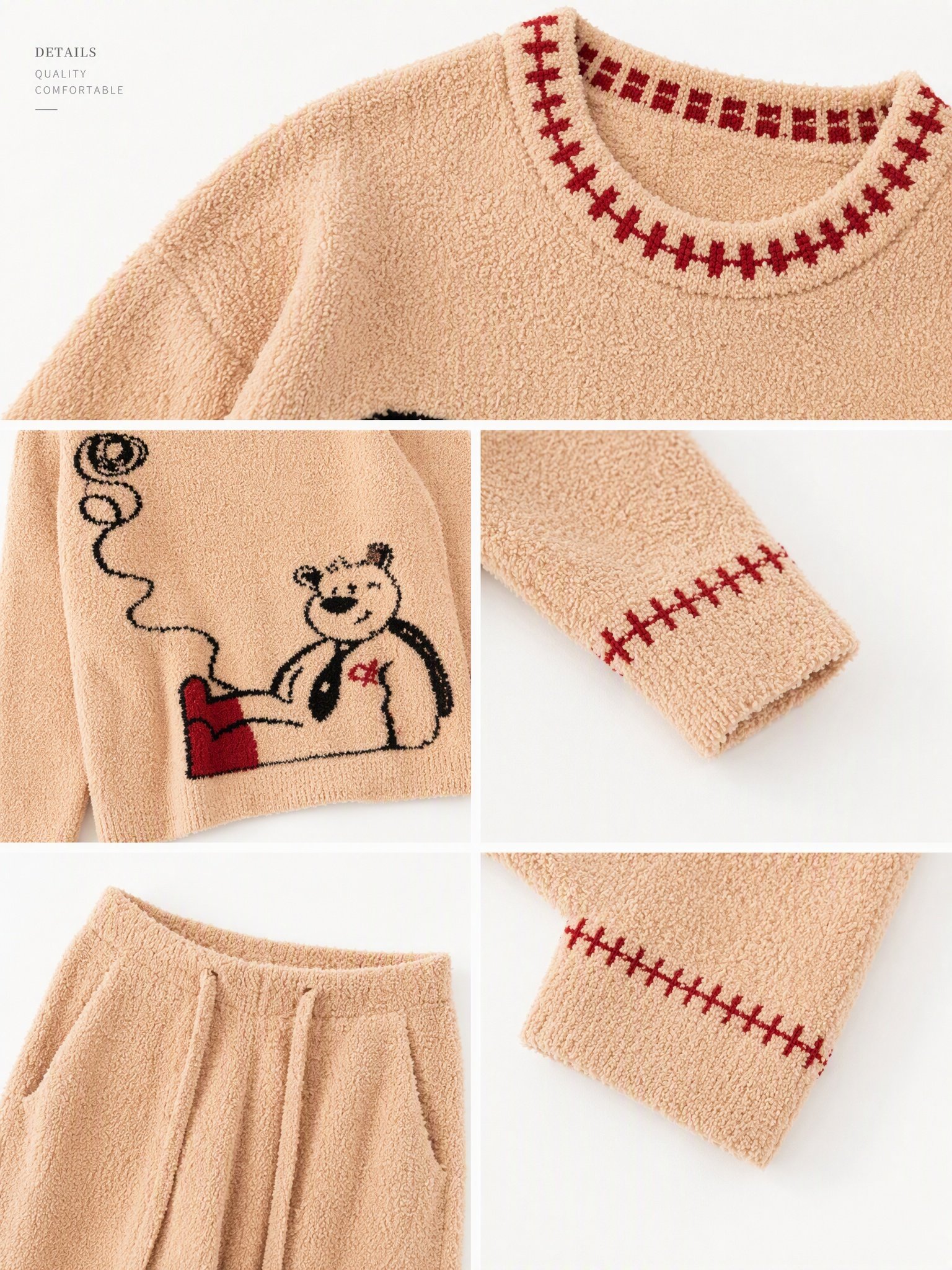 Women's Khaki Half Fleece Pajama Set, Crew Neck Long Sleeve Top & Wide Leg Pants, Bear Jacquard Pattern, Red Contrast Stitching Detail