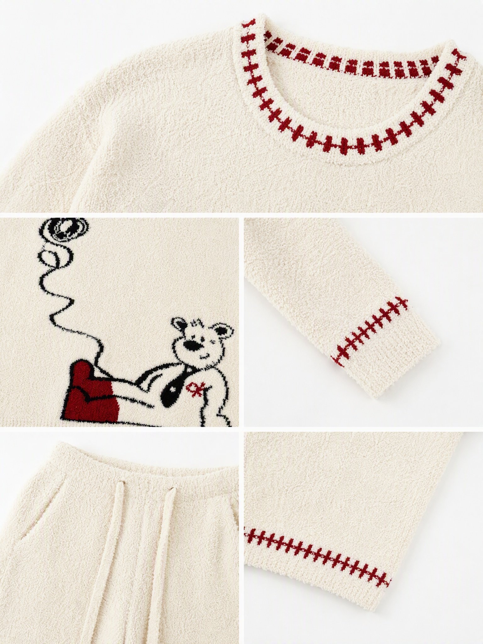 Women's Cream Half Fleece Loungewear Set, Crew Neck Long Sleeve Top & Drawstring Trousers, Bear Graphic Pattern, Red Stitching Trim on Neckline Cuffs & Hems, Pocket Design
