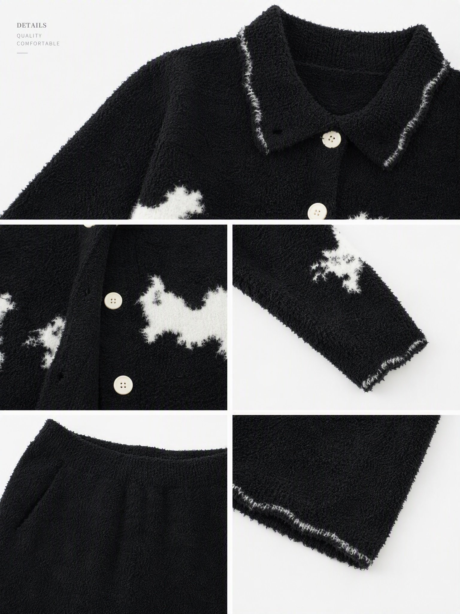 Women's Black Half Fleece Pajama Set, Collared Button Front Long Sleeve Top & Elastic Waist Wide Leg Pants, White Puppy Pattern, Contrast Scalloped Trim