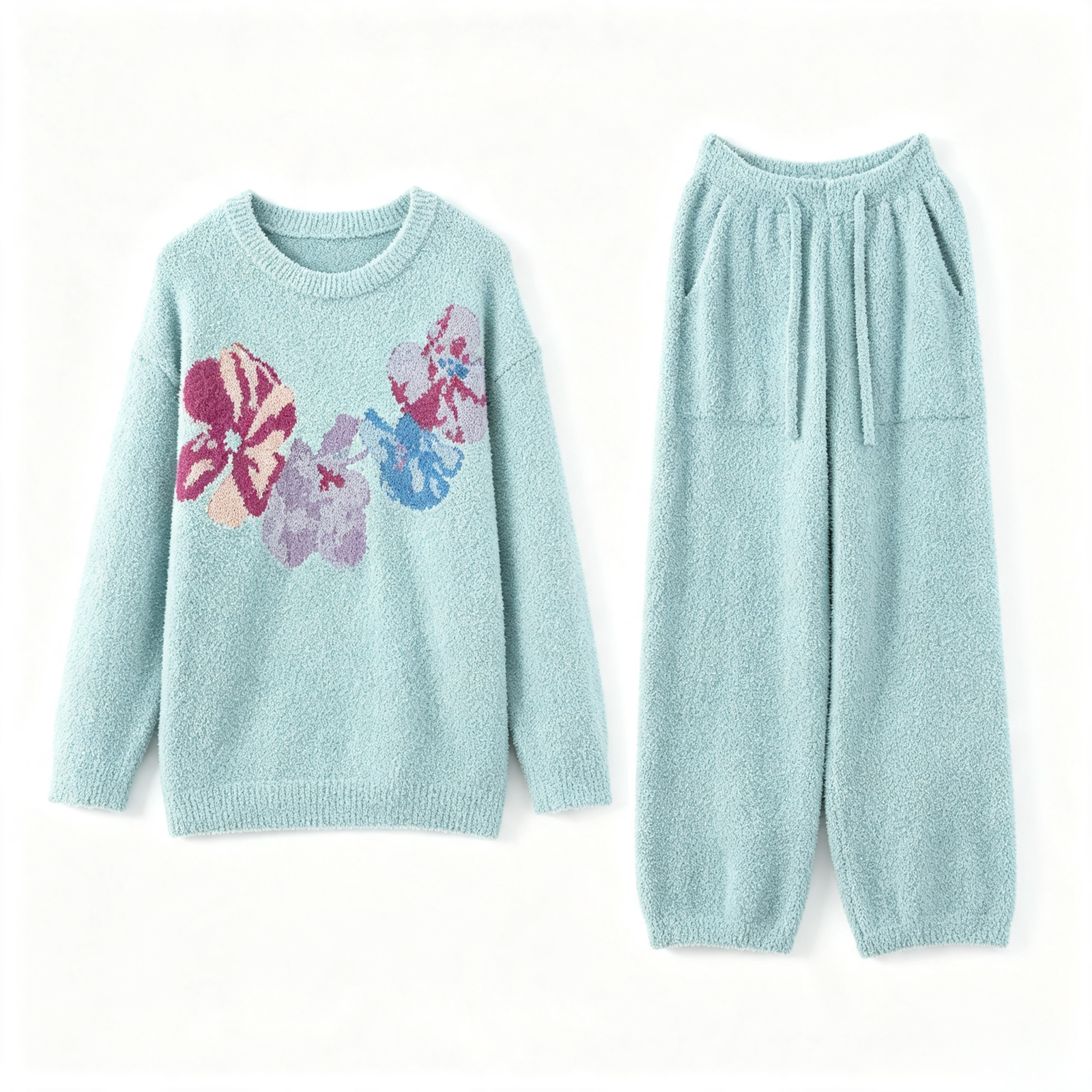 Cream Colorful Floral Print Crew Neck Half Fleece Pajama Set Women's Warm Winter Loungewear - Image 7