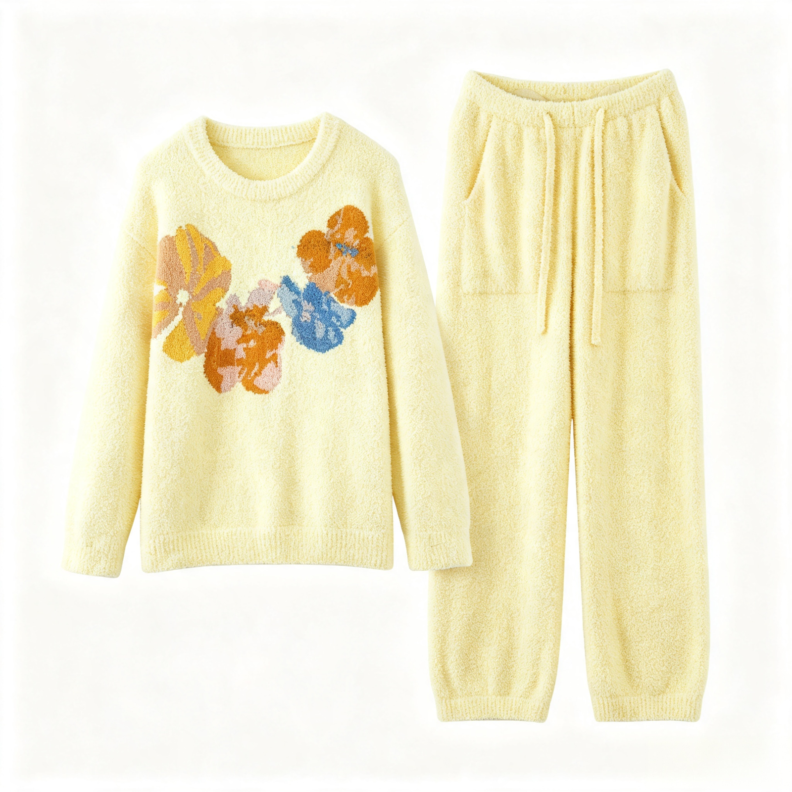 Cream Colorful Floral Print Crew Neck Half Fleece Pajama Set Women's Warm Winter Loungewear - Image 33
