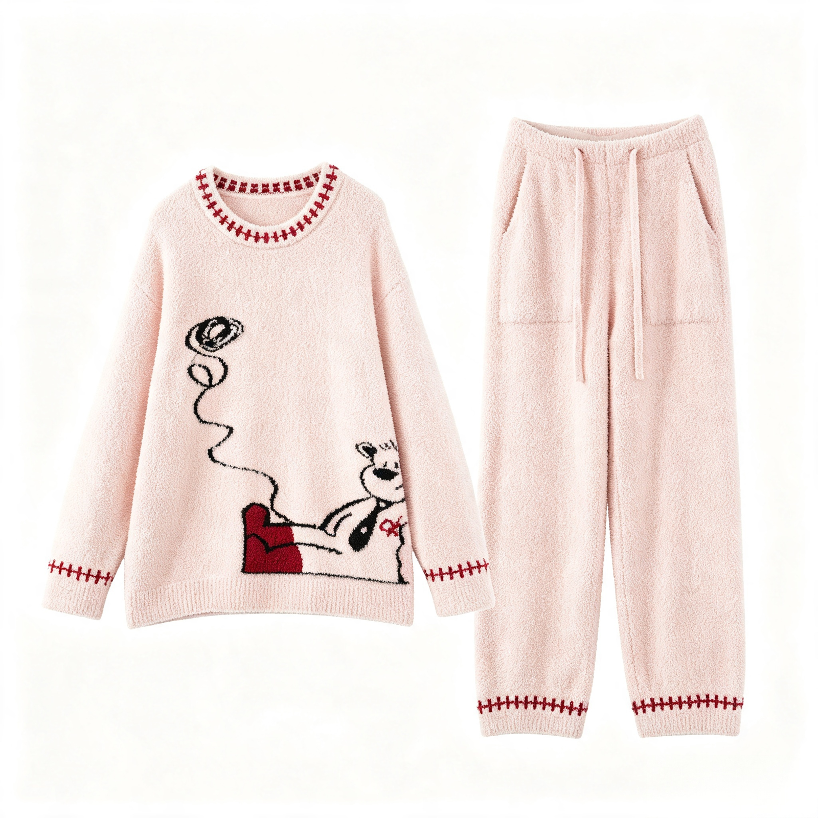 Women's Light Pink Half Fleece Pajama Set, Round Neck Long Sleeve Top & Drawstring Wide Leg Pants, Cartoon Bear Jacquard Pattern, Red Stitch Trim Detail