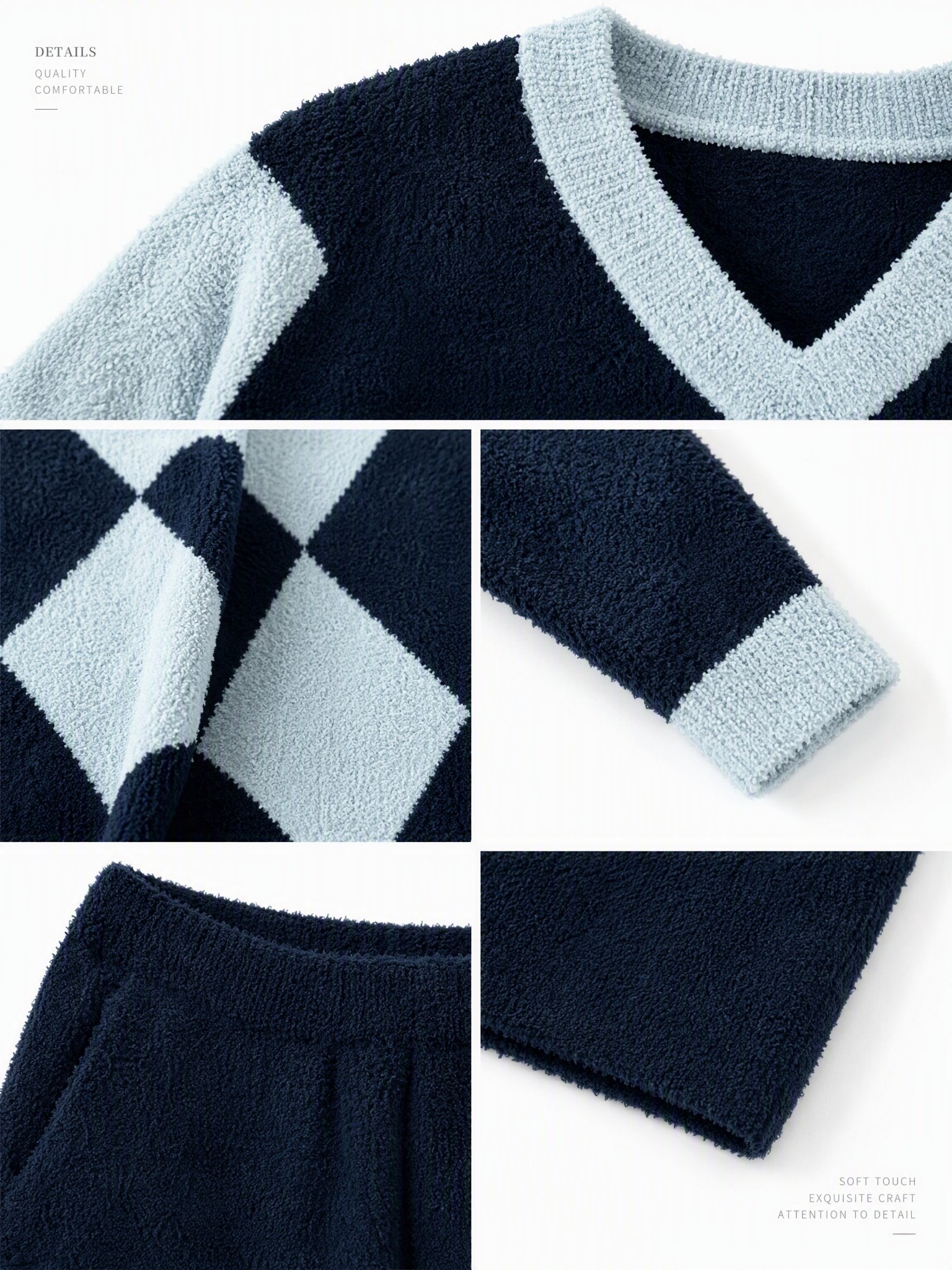 Women's Navy and Light Blue Half Fleece Pajama Set Flat Lay, V-Neck Long Sleeve Argyle Pattern Top, Solid Wide Leg Pants with Side Pockets, Ribbed Trim