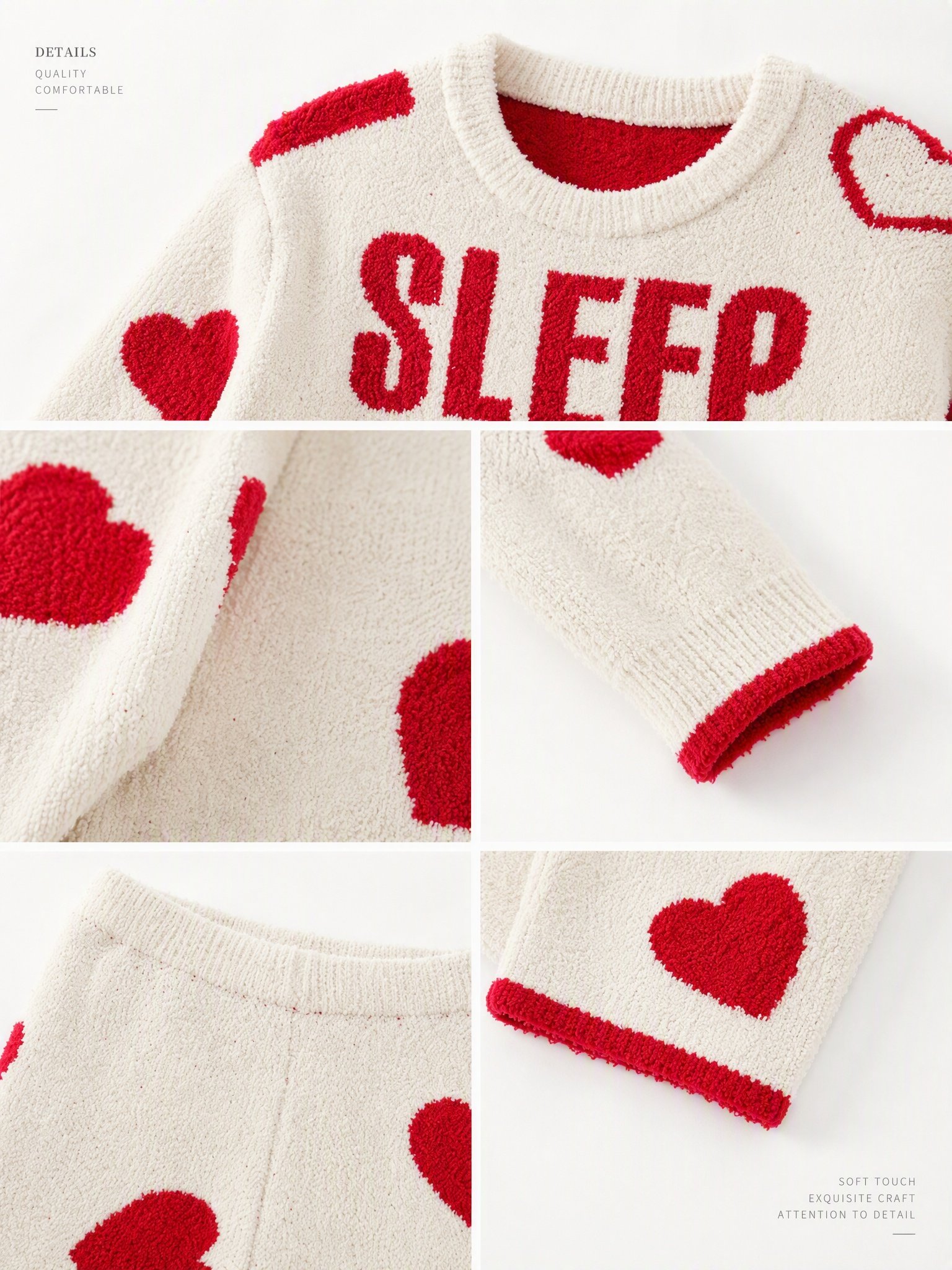 Women's Off-White and Red Half Fleece Pajama Set, Crew Neck Long Sleeve Pullover Top & Elastic Waist Wide Leg Pants, Allover Heart Pattern, Chest SLEEP Letter Jacquard Detail