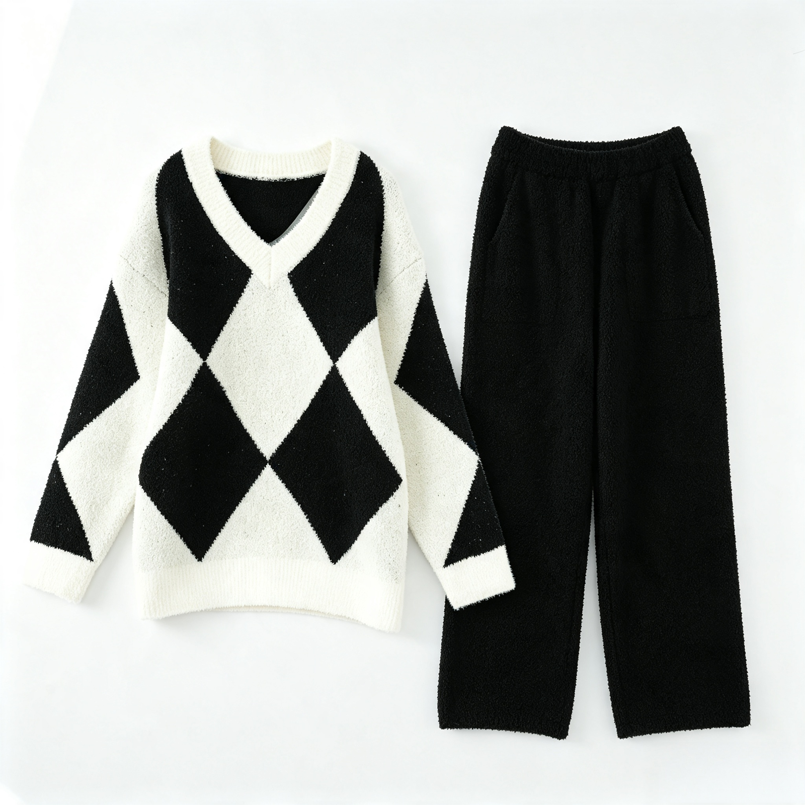 Women's Black and White Half Fleece Pajama Set, V-Neck Long Sleeve Argyle Pattern Top, Solid Black Wide Leg Pants, Ribbed Trim Detail