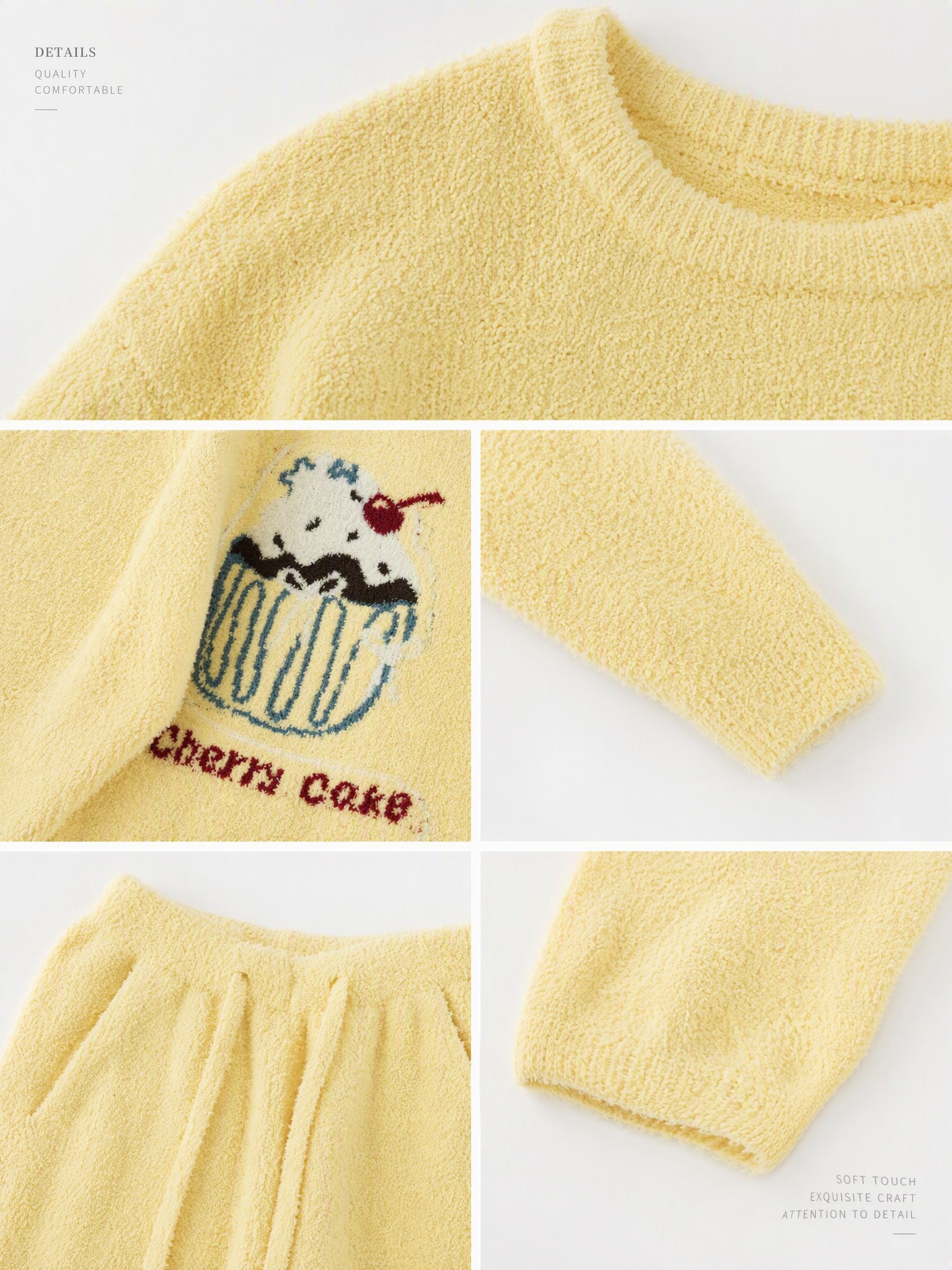 Women's Pale Yellow Half Fleece Pajama Set, Crew Neck Long Sleeve Top & Drawstring Wide Leg Pants, Cherry Cupcake Print with "Cherry Cake" Lettering, Side Pockets