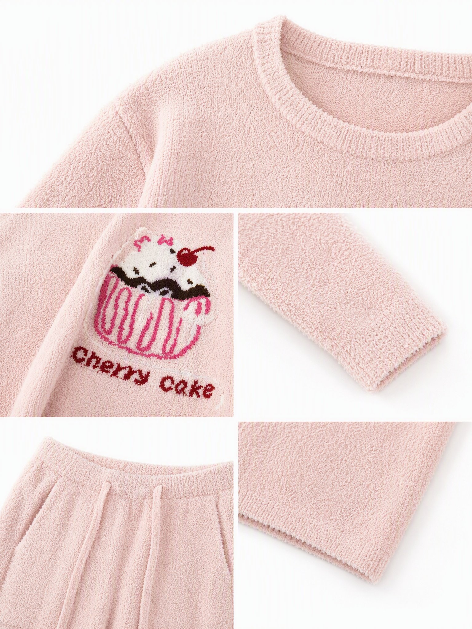 Women's Pink Half Fleece Pajama Set, Crew Neck Long Sleeve Top & Drawstring Wide Leg Pants, Cherry Cupcake Pattern, Side Pocket Detail