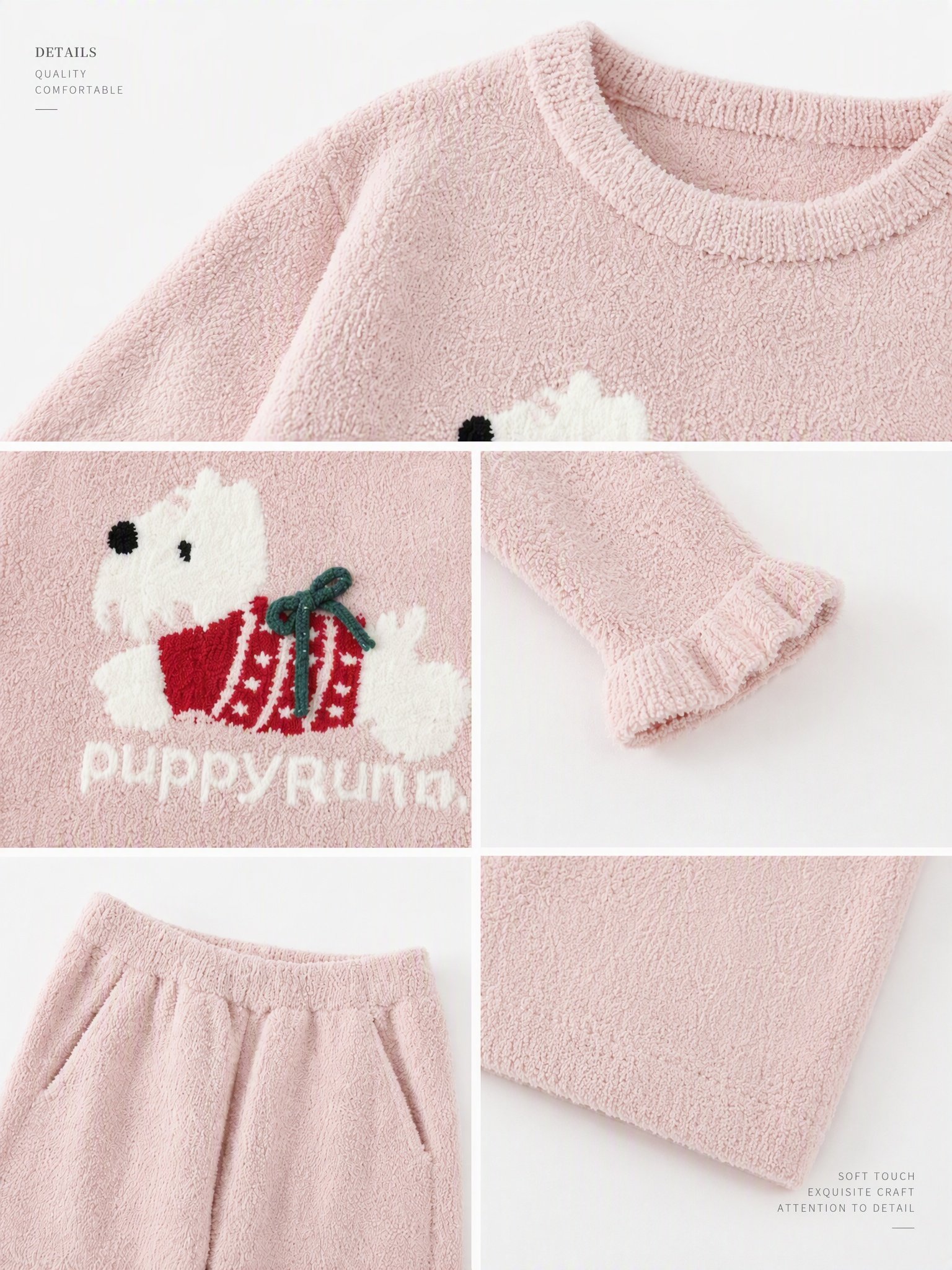 Women's Pink and White Half Fleece Pajama Set, Crew Neck Long Sleeve Pullover Top & Elastic Waist Wide Leg Pants, Puppy Jacquard Pattern, Ruffled Cuffs and Hem Detail