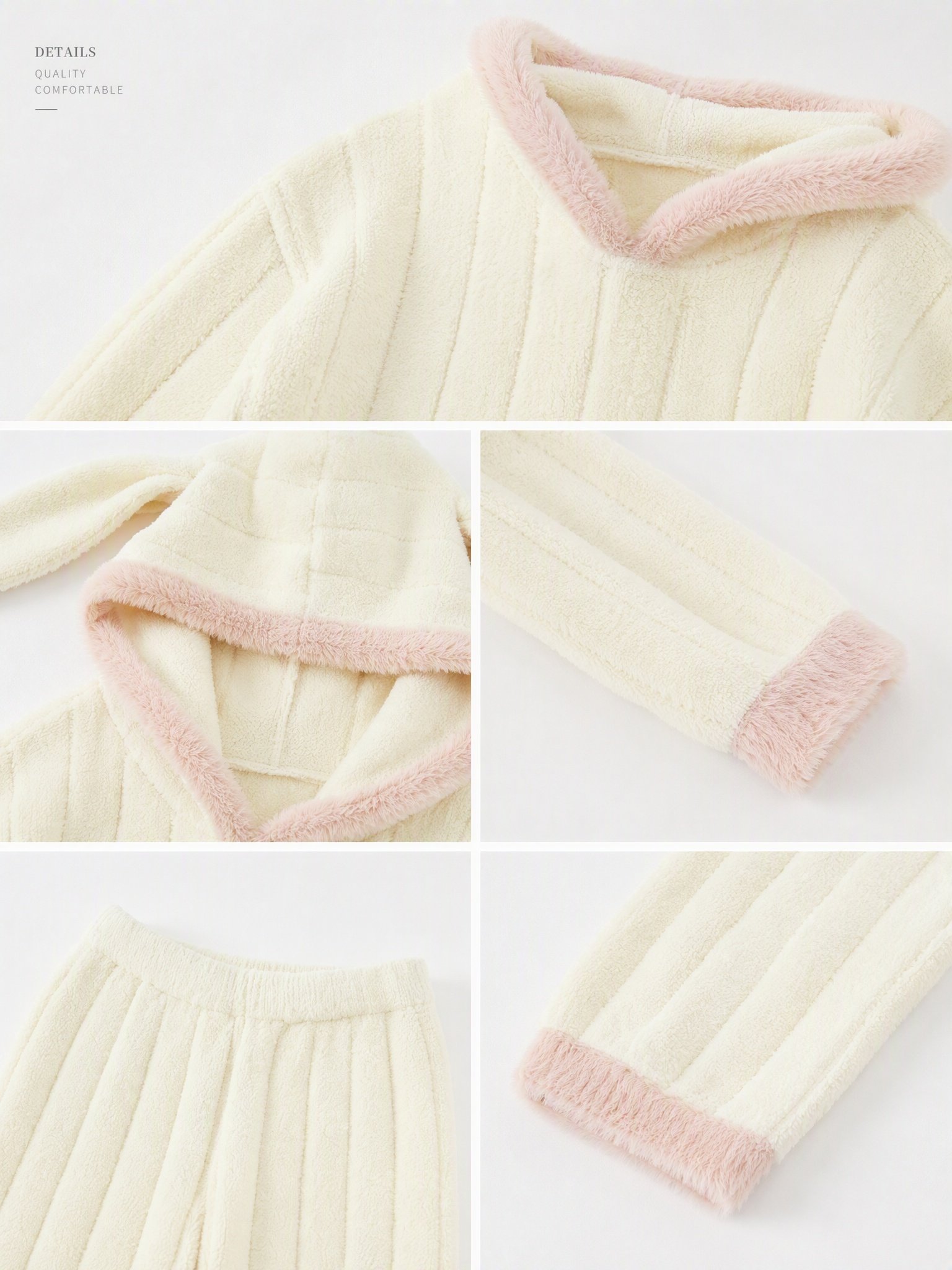 Women's Off-White and Pink Half Fleece Pajama Set, Bunny Ear Hooded Full Button Long Sleeve Cardigan Top & Elastic Waist Wide Leg Pants, Vertical Ribbed Texture, Chest Heart Detail, Furry Contrast Trim