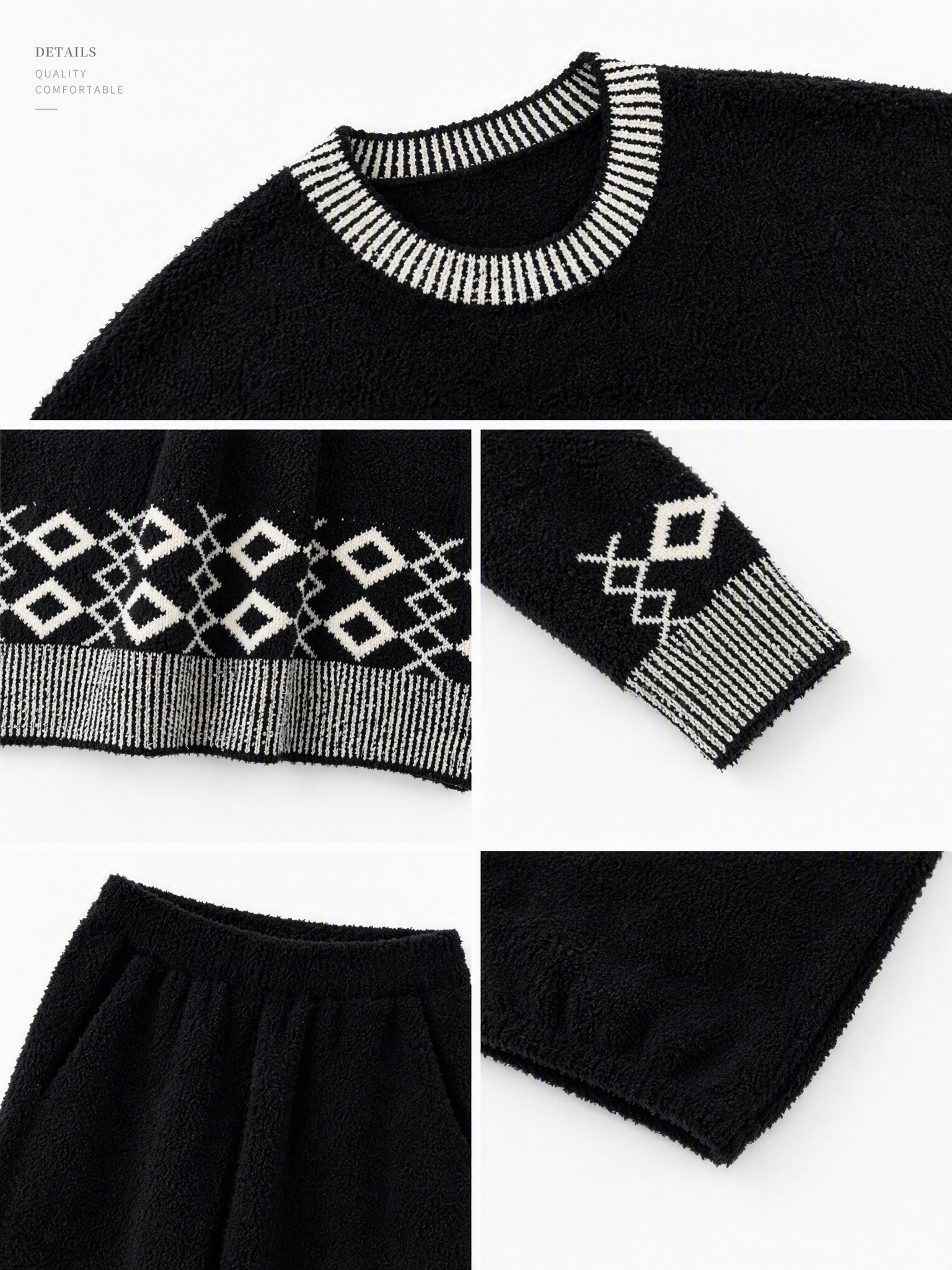 Women's Black Half Fleece Pajama Set, Crew Neck Long Sleeve Top & Elastic Cuff Jogger Pants, Diamond Geometric Intarsia, Flat Lay View