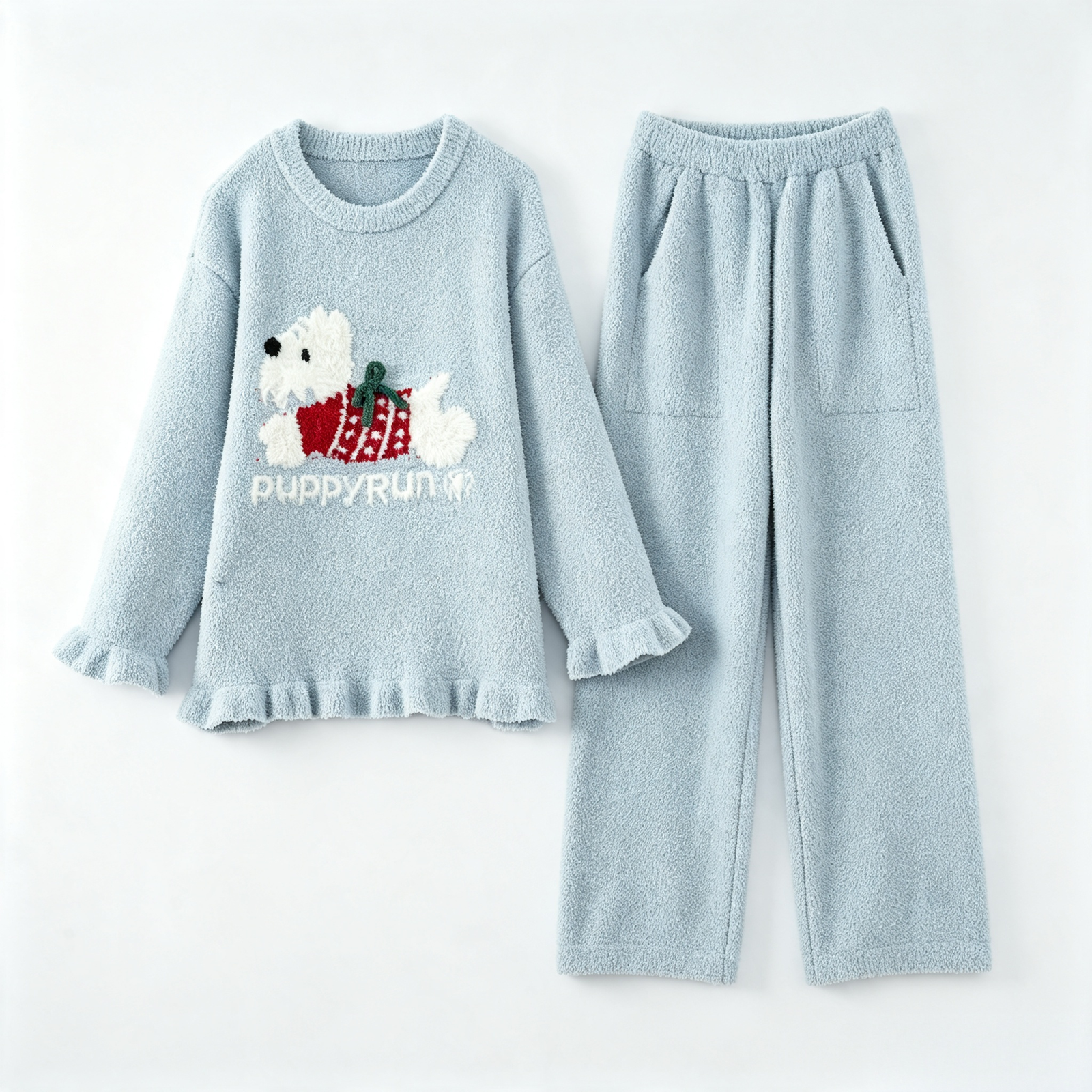 Women's Light Blue and White Half Fleece Pajama Set, Crew Neck Long Sleeve Pullover Top & Elastic Waist Wide Leg Pants, Puppy Jacquard Pattern, Ruffled Cuffs and Hem Detail