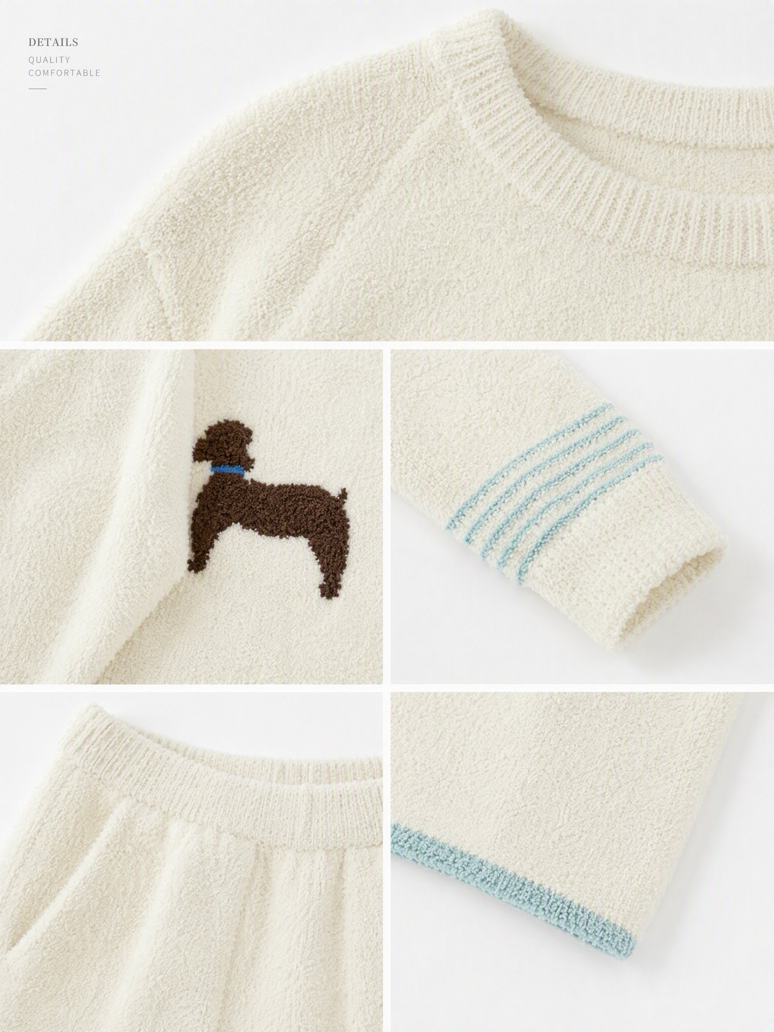 Wrap yourself in cute cozy warmth! Cream mint trim dog half fleece pajama set. Playful, soft and sweet loungewear for winter days at home.