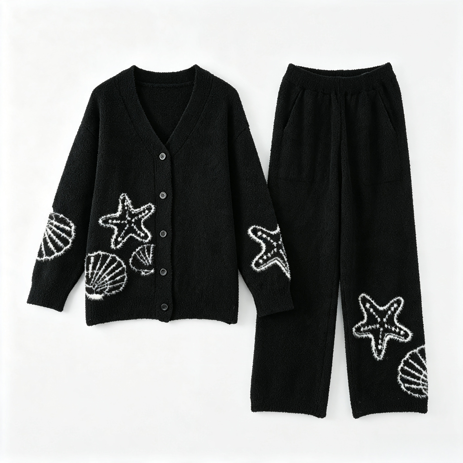 Women's Black Half Fleece Pajama Set, V-neck Button Long Sleeve Top & Wide Leg Pants, Starfish & Seashell Intarsia, Detail View