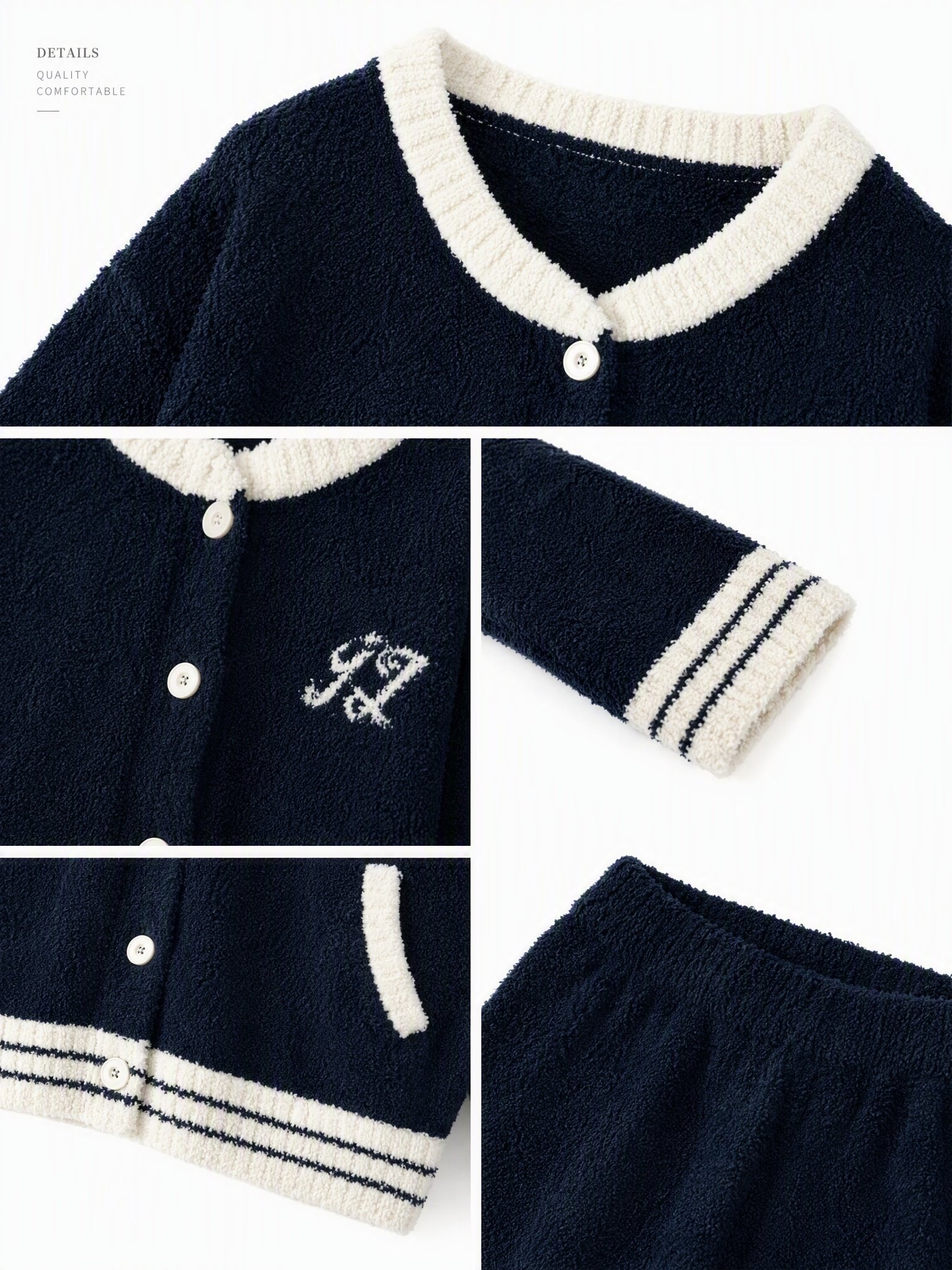 Navy Blue & Cream Half Fleece Pajama Set, Varsity Style Button Front Cardigan & Long Pants, Contrast Trim, Chest Embroidery, Side Pockets