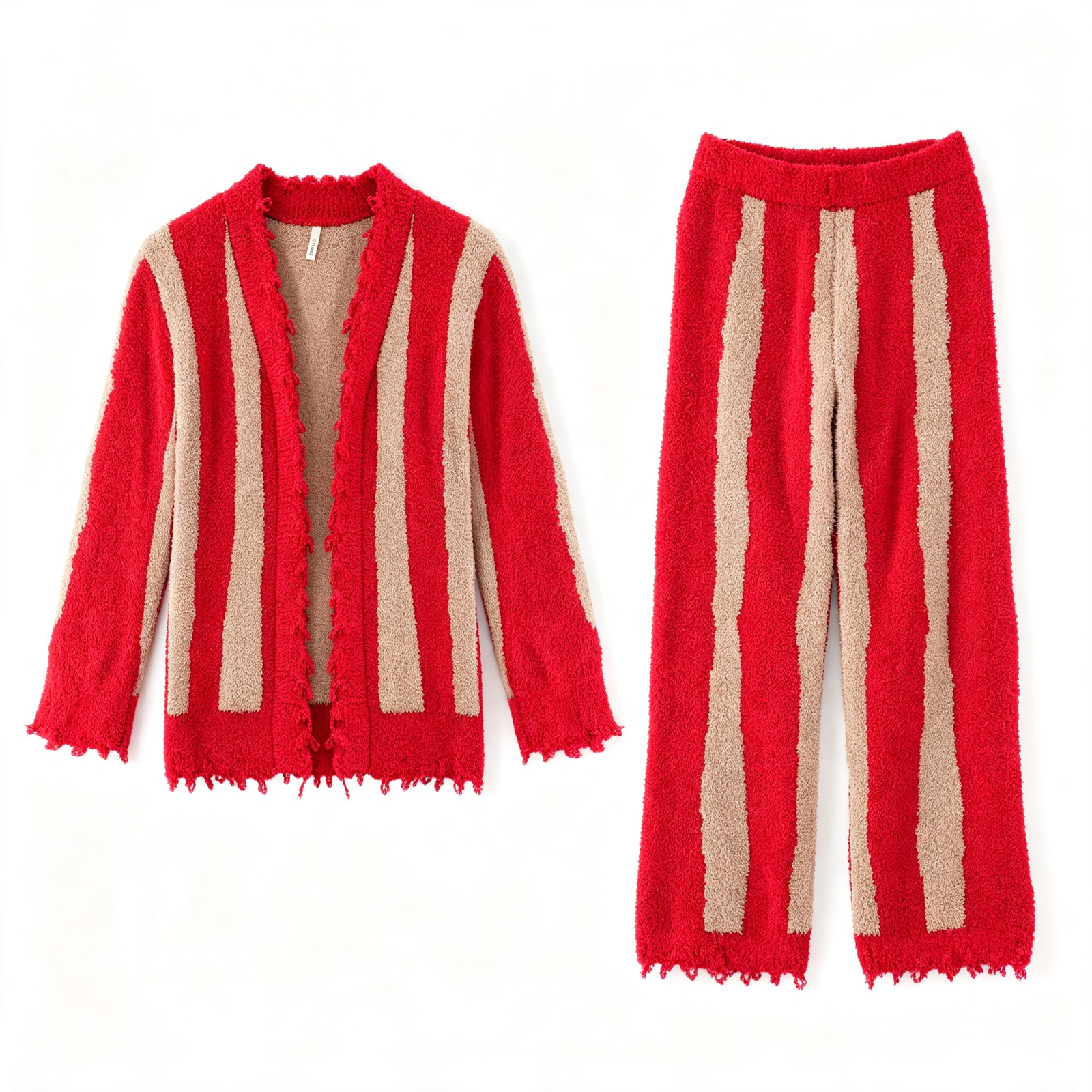 Women's Red & Khaki Half Fleece 3-Piece Loungewear Set, Vertical Stripe Frayed Edge Open Cardigan & V-neck Camisole & Wide Leg Pants, Front View