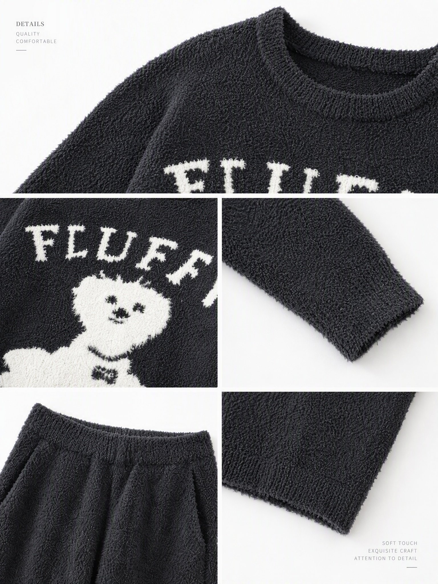 Women's Dark Gray Half Fleece Pajama Set, Crew Neck Long Sleeve Top & Pocketed Wide Leg Pants, Chest Puppy and Letter Jacquard Pattern, Ribbed Trim Detail