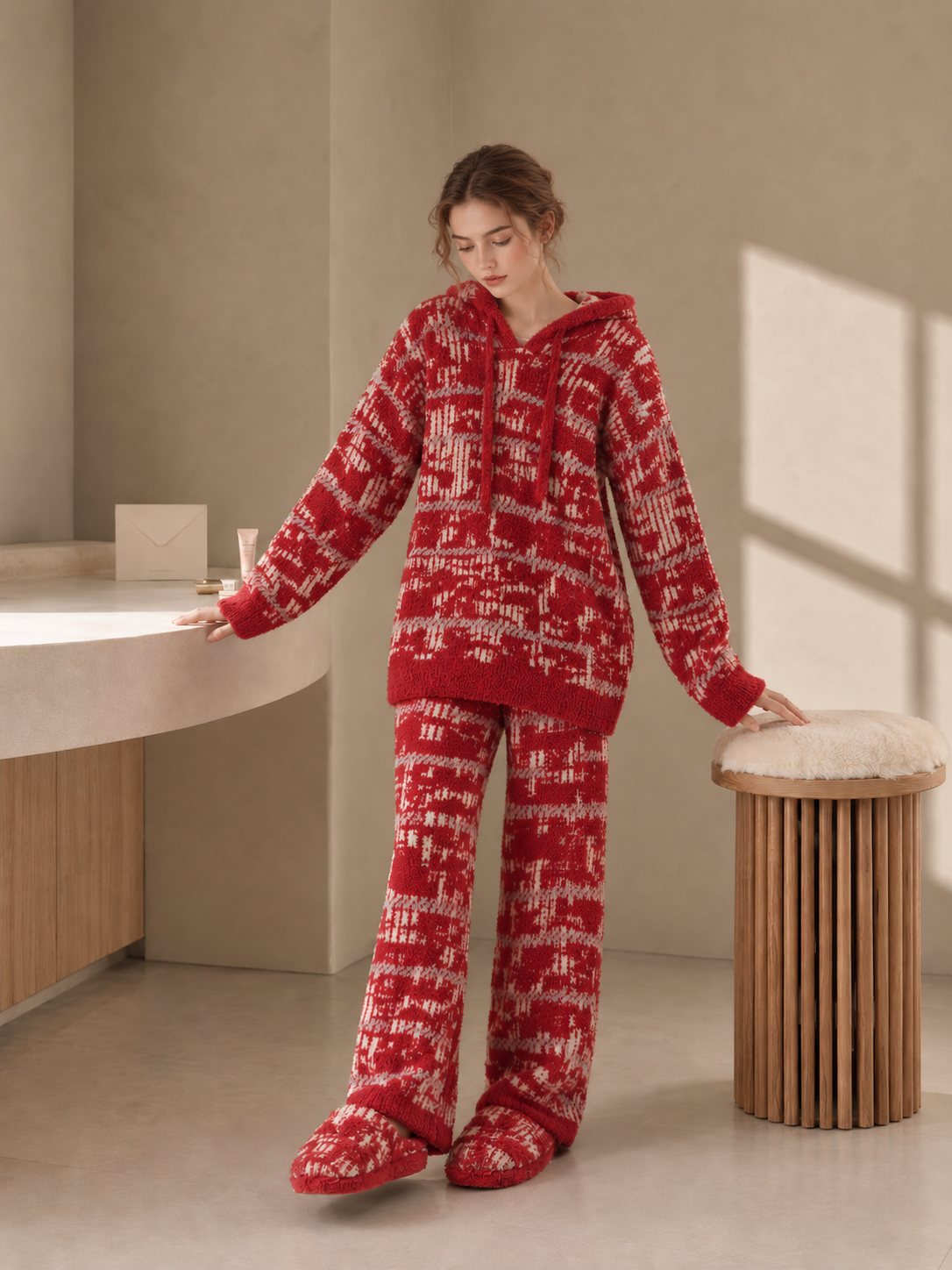 Women's Red and Off-White Half Fleece Pajama Set Multi-Detail View, Drawstring Hooded Long Sleeve Top & Wide Leg Pants, Allover Geometric Jacquard Pattern, Ribbed Trim Craft