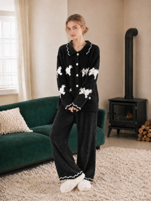 Women's Black Half Fleece Pajama Set, Collared Full Button Long Sleeve Top & Pocketed Wide Leg Pants, Puppy Jacquard Pattern, Contrast Scalloped Trim Detail