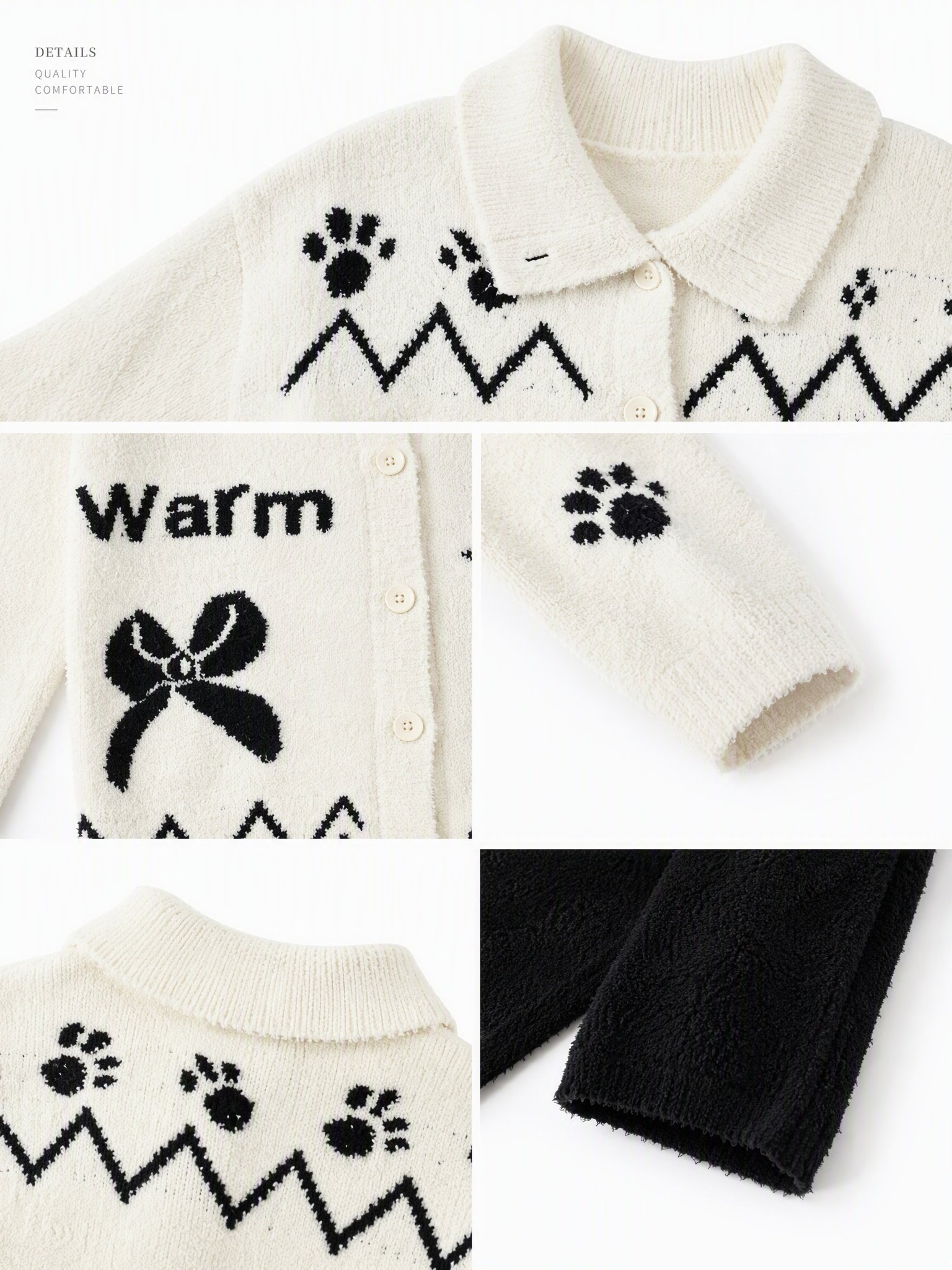 Women's Cream & Black Half Fleece Pajama Set, Collared Button-Front Long Sleeve Top & Pocketed Wide Leg Pants, Puppy Bow Letter Paw Print Jacquard Pattern