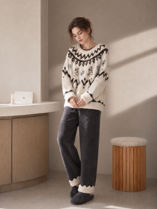 Women's Cream & Dark Gray Half Fleece Pajama Set, Crew Neck Long Sleeve Fair Isle Jacquard Top & Wide Leg Pants, Zigzag Contrast Hem Detail