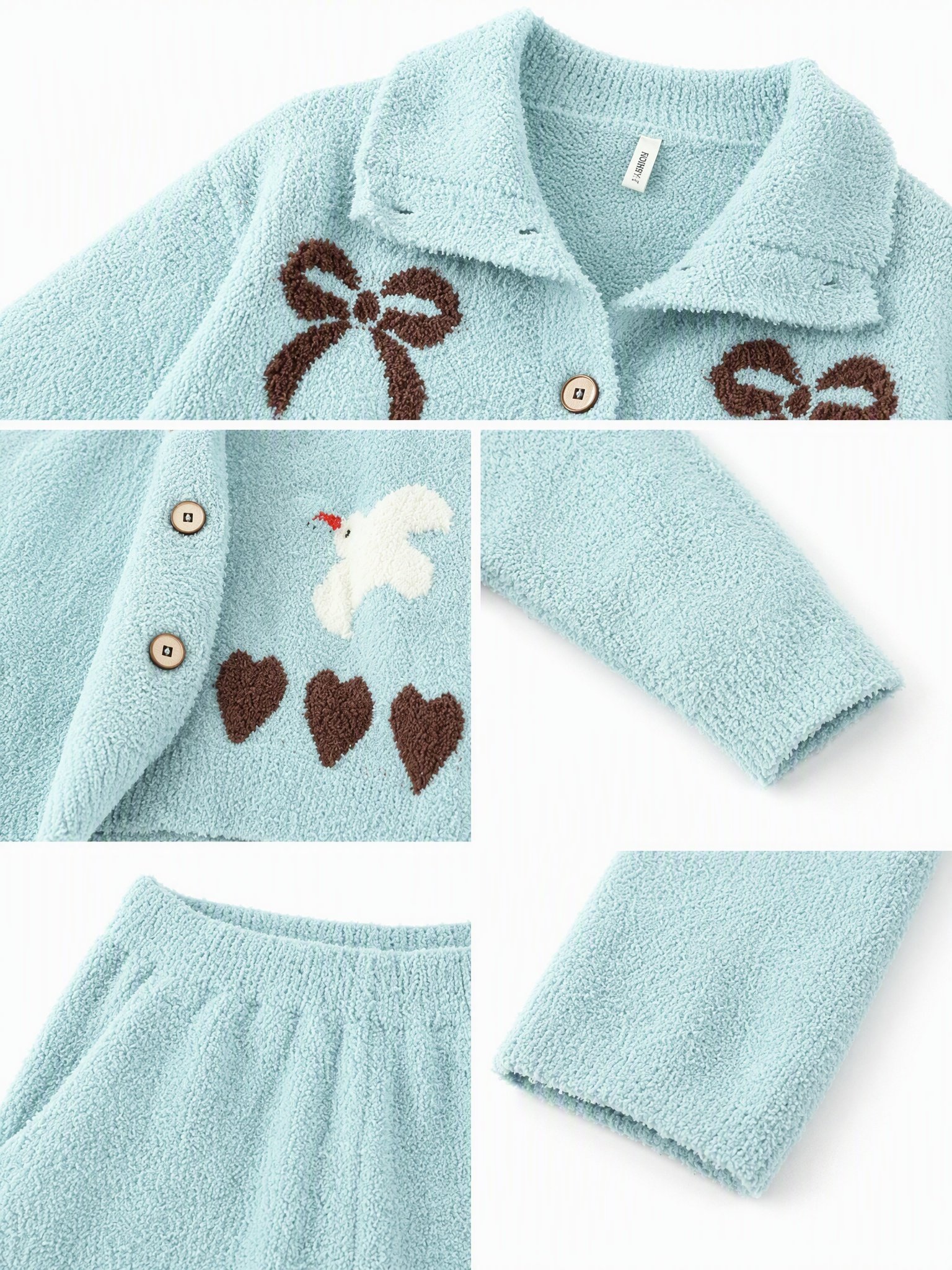 Women's Light Blue Half Fleece Pajama Set, Notched Collar Full Button Long Sleeve Top & Wide Leg Pants, Bow Dove Heart Jacquard Pattern