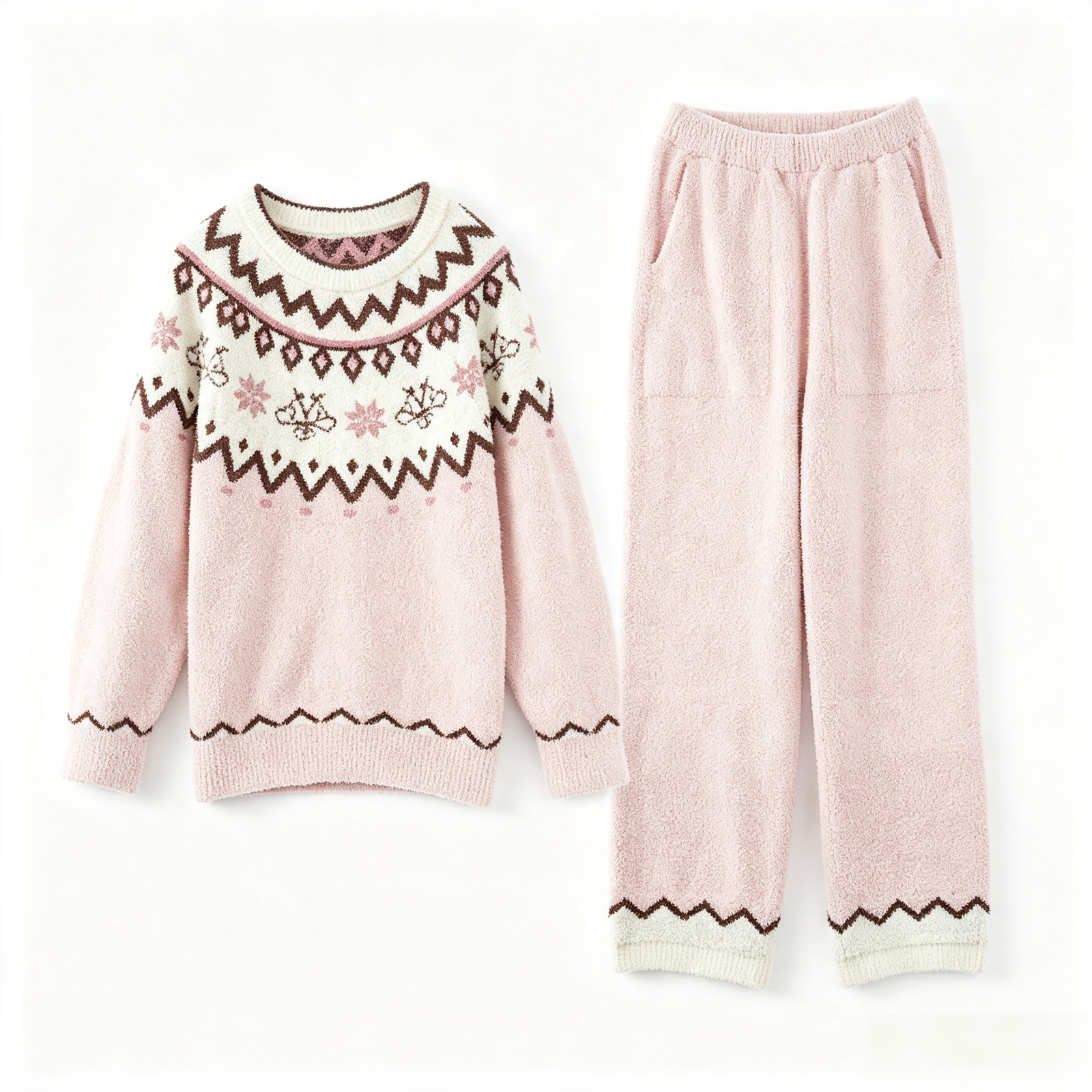 Women's Pink & Cream Half Fleece Pajama Set, Crew Neck Long Sleeve Fair Isle Jacquard Top & Wide Leg Pants, Zigzag Contrast Hem Detail