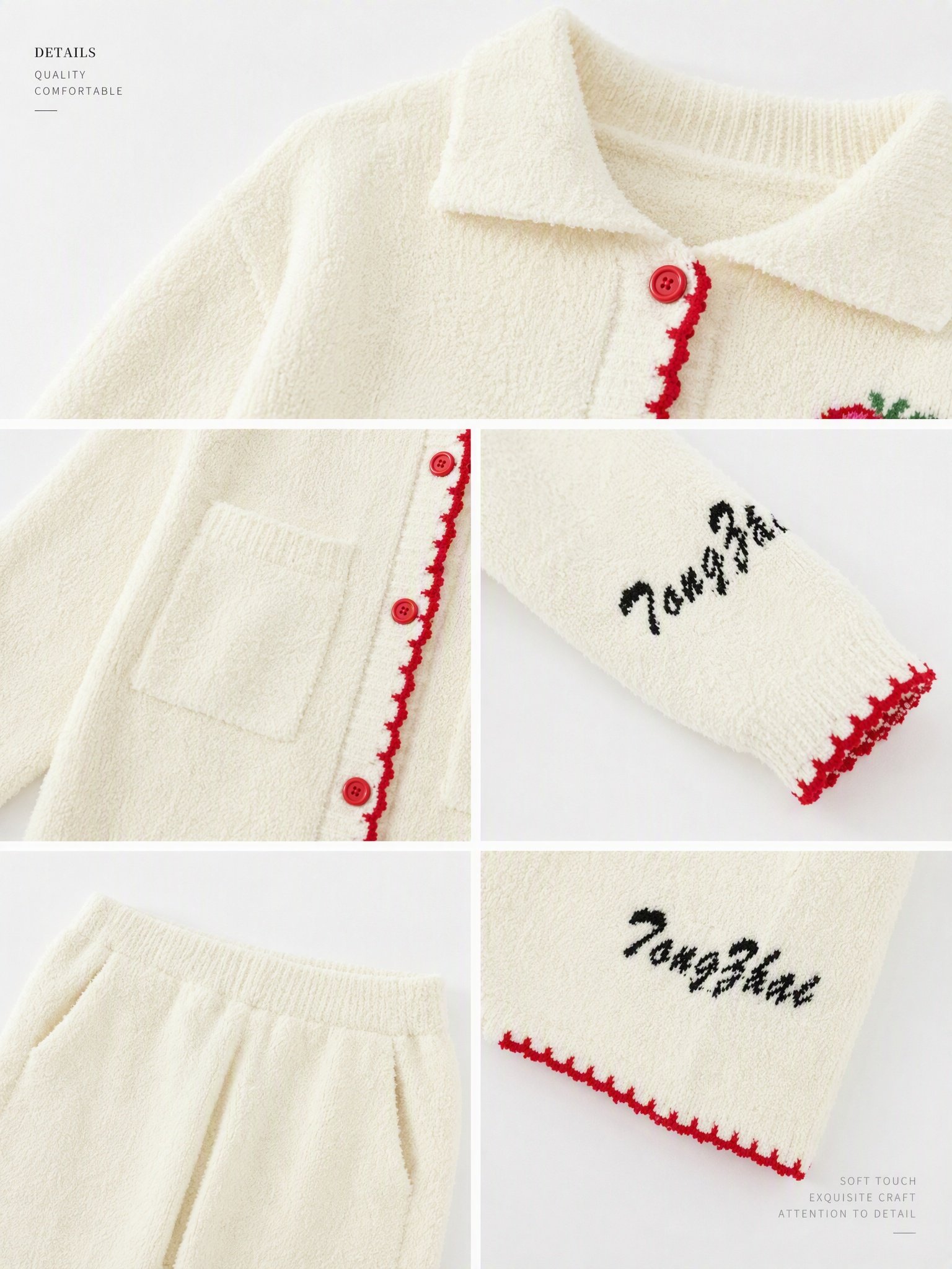 Strawberry Embroidery Lapel Collar Half Fleece Pajama Set Women's Cream Red Winter Warm Loungewear - Image 11