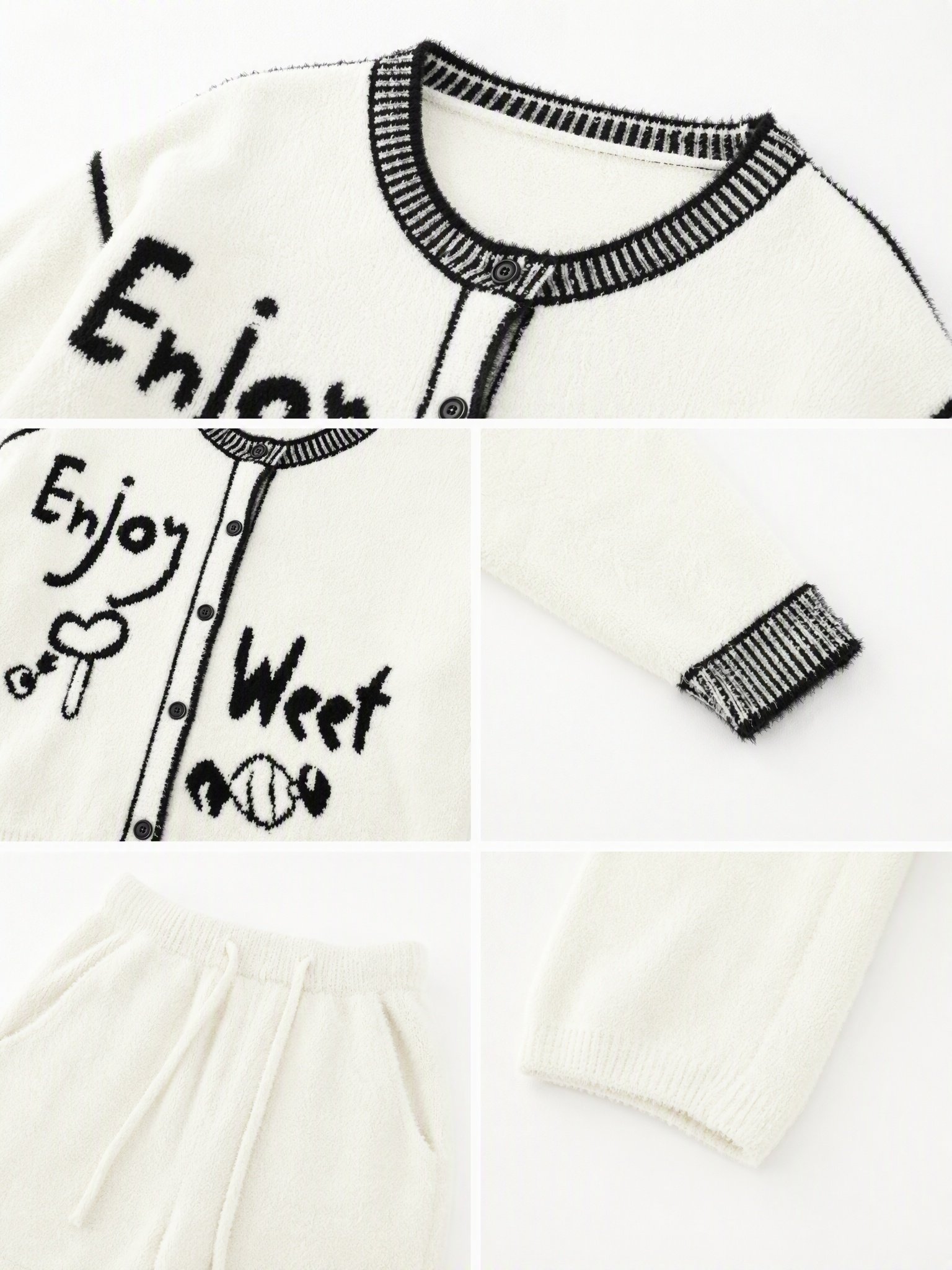 Off-White Half Fleece Pajama Set, Crew Neck Button Front Cardigan & Drawstring Wide Leg Pants, Graffiti Letter & Candy Jacquard, Black Contrast Trim