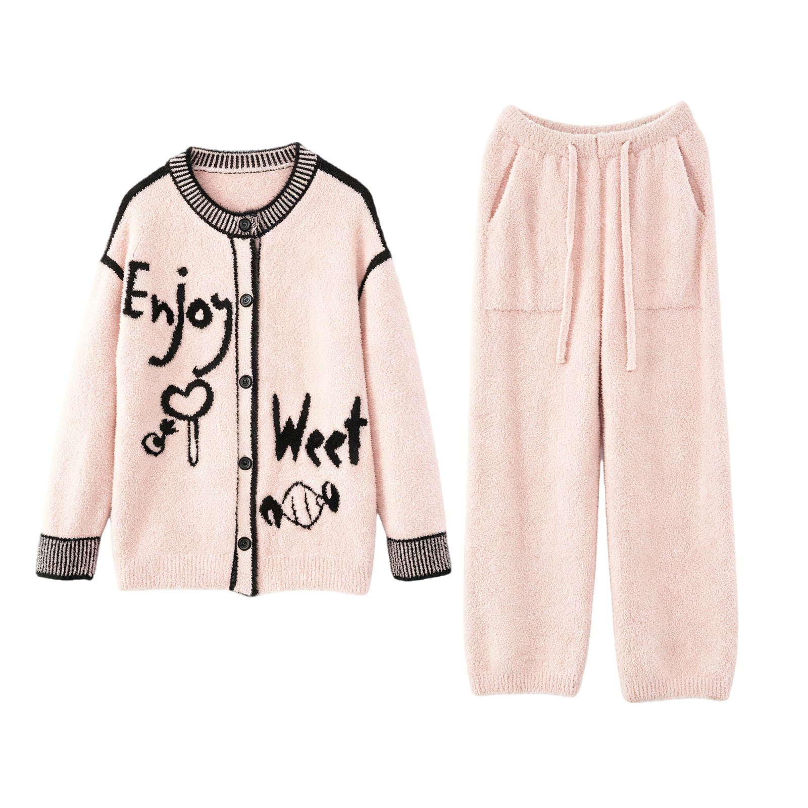 Light Pink Half Fleece Pajama Set, Crew Neck Button Front Cardigan & Drawstring Wide Leg Pants, Graffiti Letter & Candy Jacquard, Black Contrast Ribbed Trim