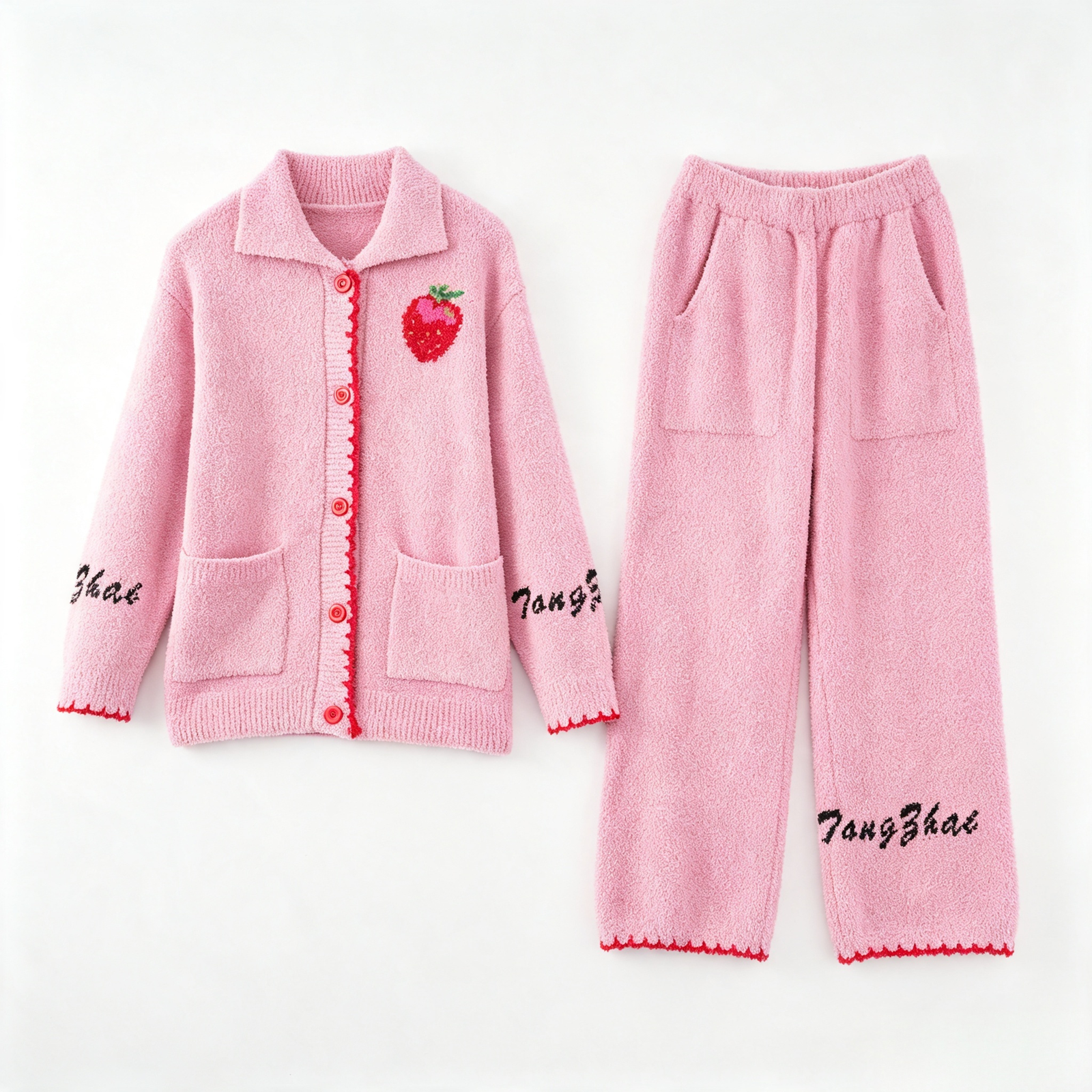 Women's Pink Half Fleece Pajama Set, Lapel Collar Full Button Long Sleeve Top & Elastic Waist Wide Leg Pants, Strawberry & Letter Embroidery, Contrast Shell Stitch Trim & Pocket Detail