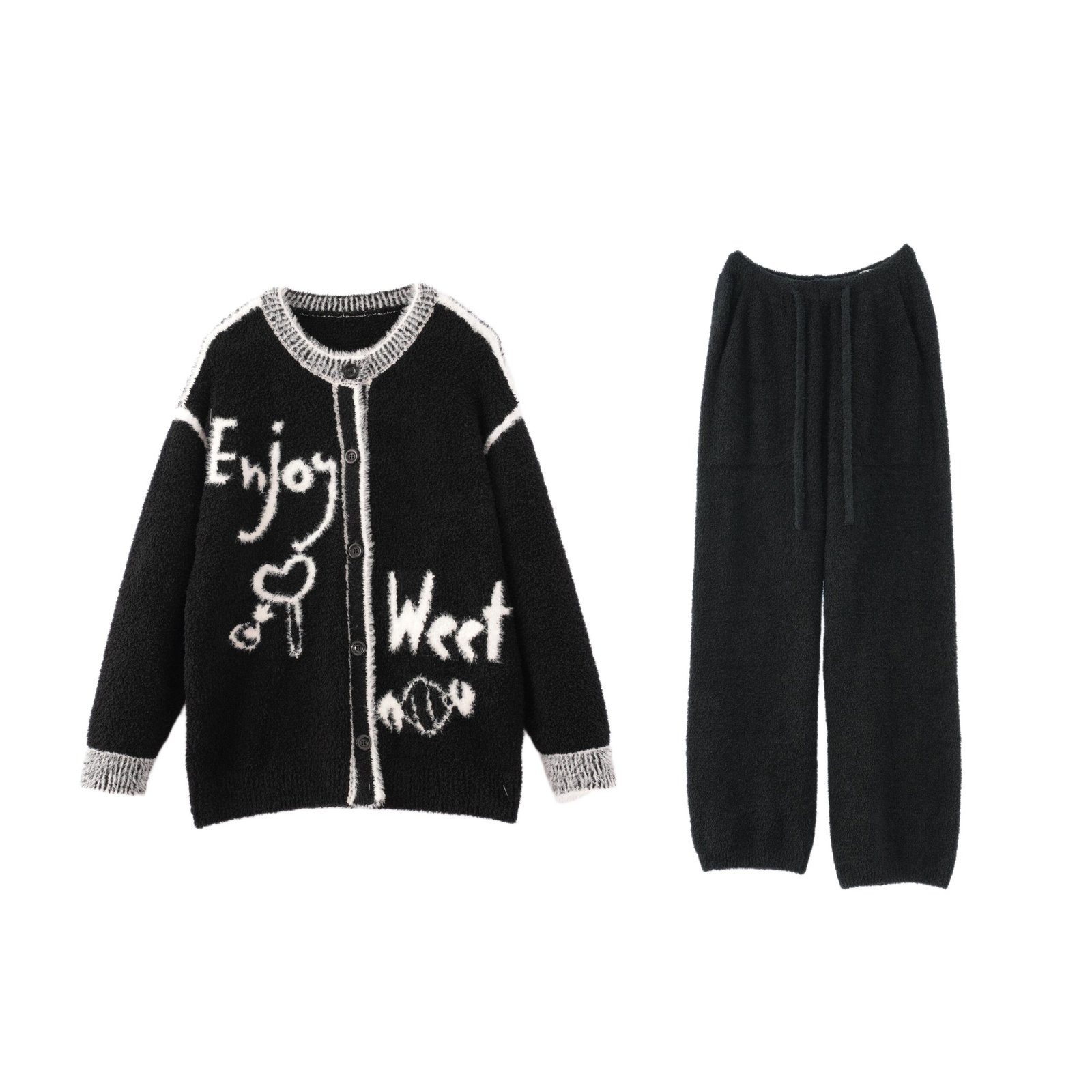 Black Half Fleece Pajama Set, Crew Neck Button Front Cardigan & Drawstring Wide Leg Pants, White Graffiti Letter & Candy Jacquard, Contrast Ribbed Trim