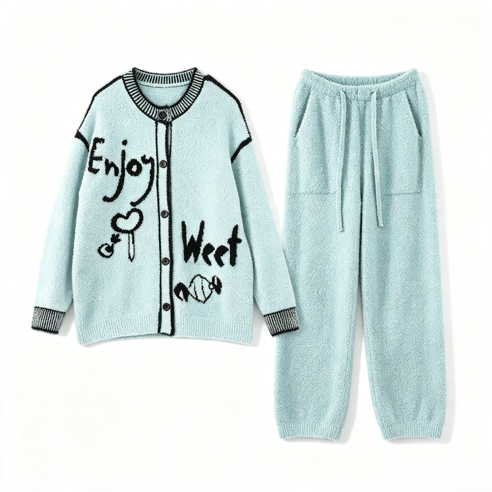 Light Blue Half Fleece Loungewear Set, Crew Neck Button Front Cardigan & Drawstring Wide Leg Pants, Black Graffiti Letter & Candy Jacquard, Contrast Ribbed Trim