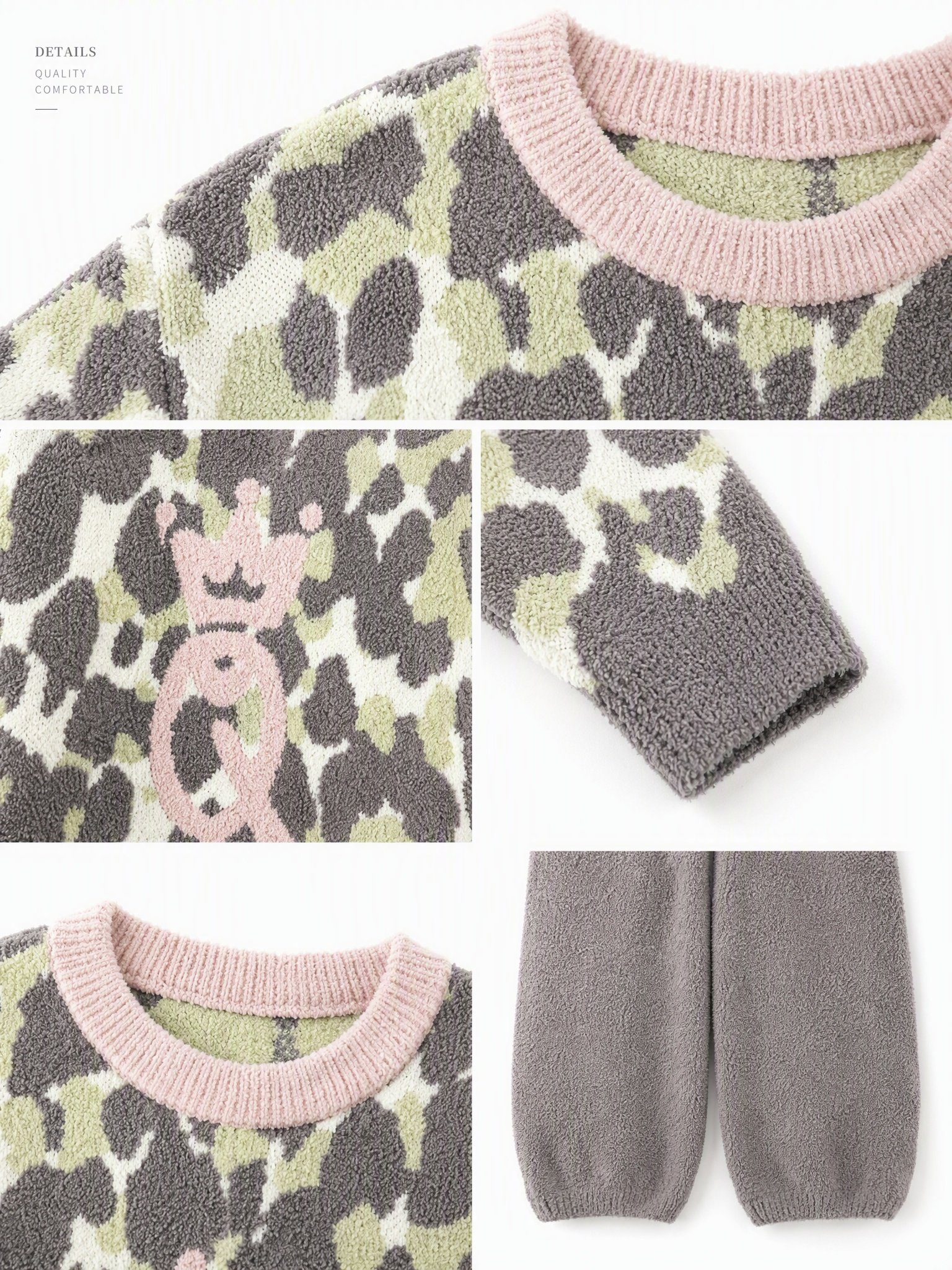 Women's Grey Green Leopard Double-Sided Half Fleece Pajama Set, Pink Ribbed Crew Neck Long Sleeve Top & Drawstring Wide Leg Pants, Chest Crown Graphic, Side Pockets